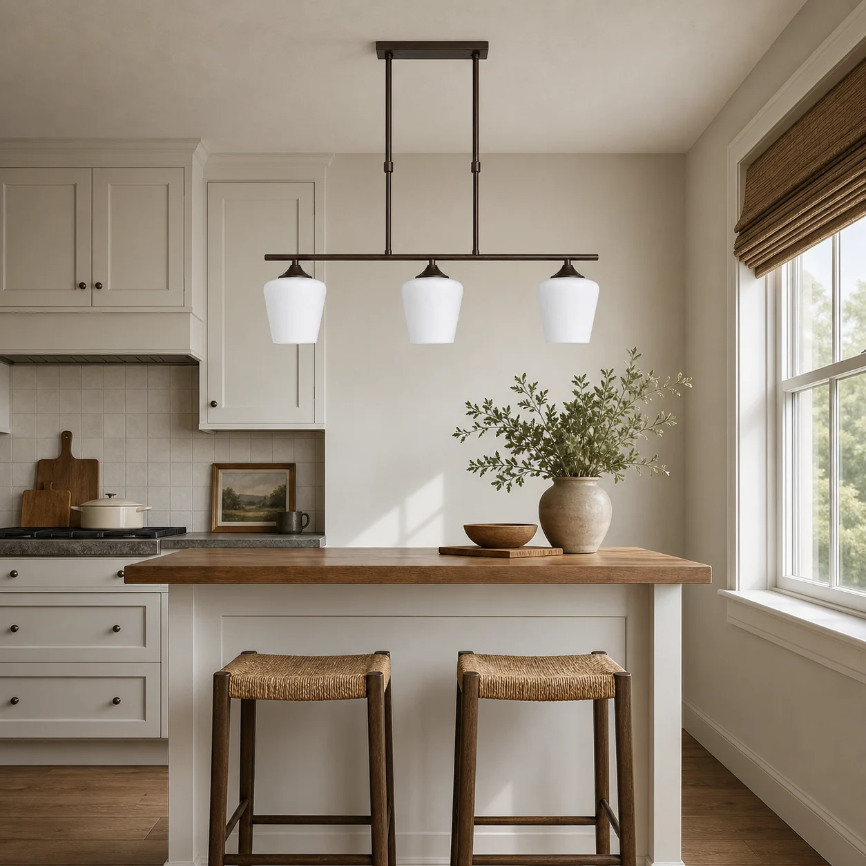 Strellux three-head Coffee Brown chandelier over a compact kitchen bar