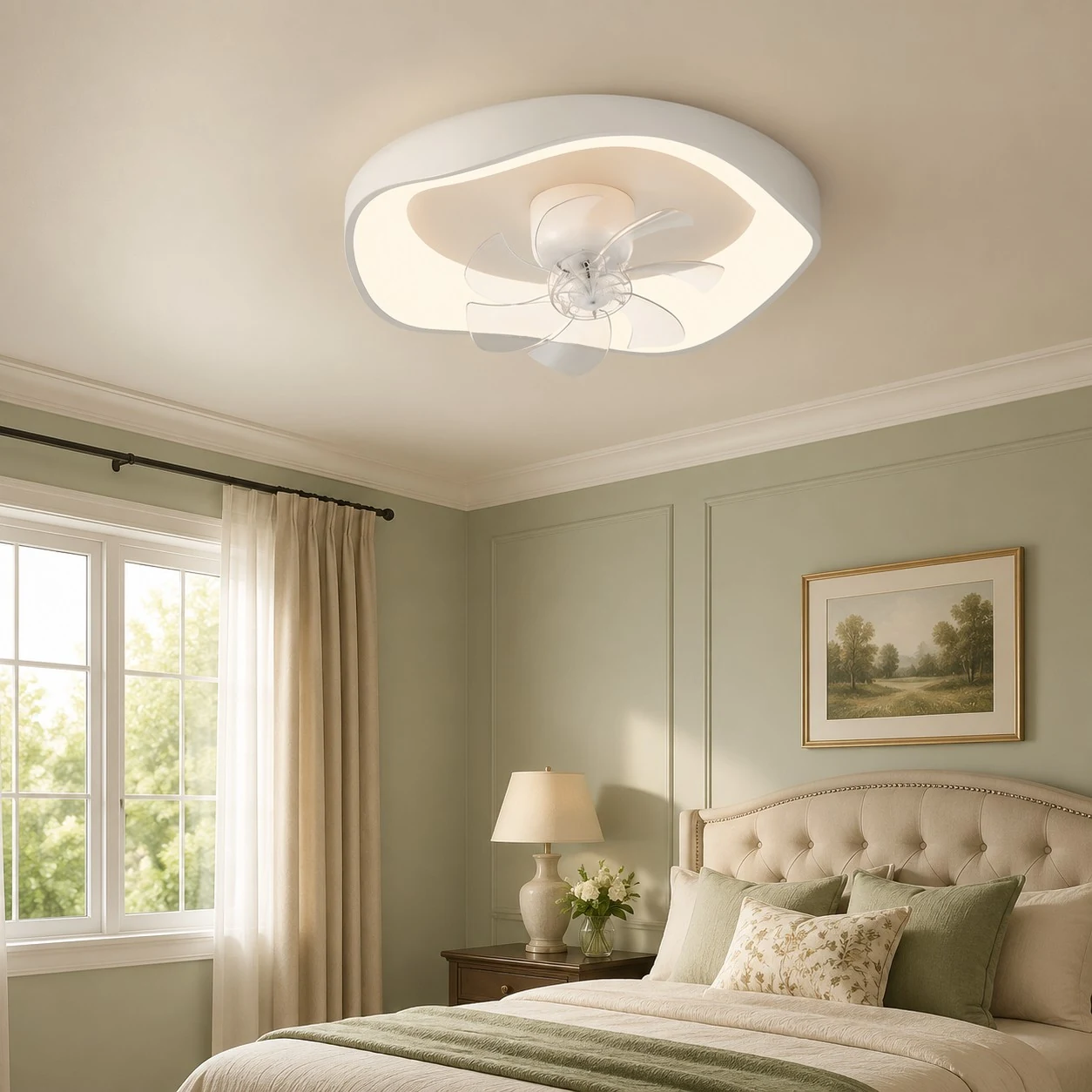 Soft bedroom scene with low profile ceiling fan light