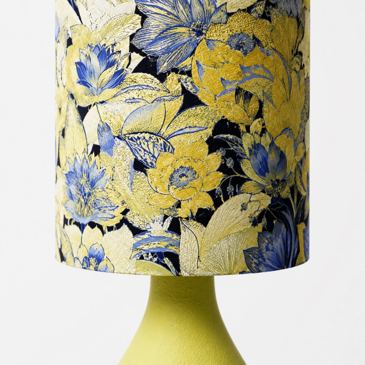 Blue floral fabric lampshade close view