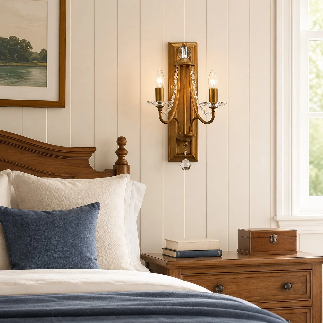 Vintage brass crystal double wall sconce installed above a bedside table