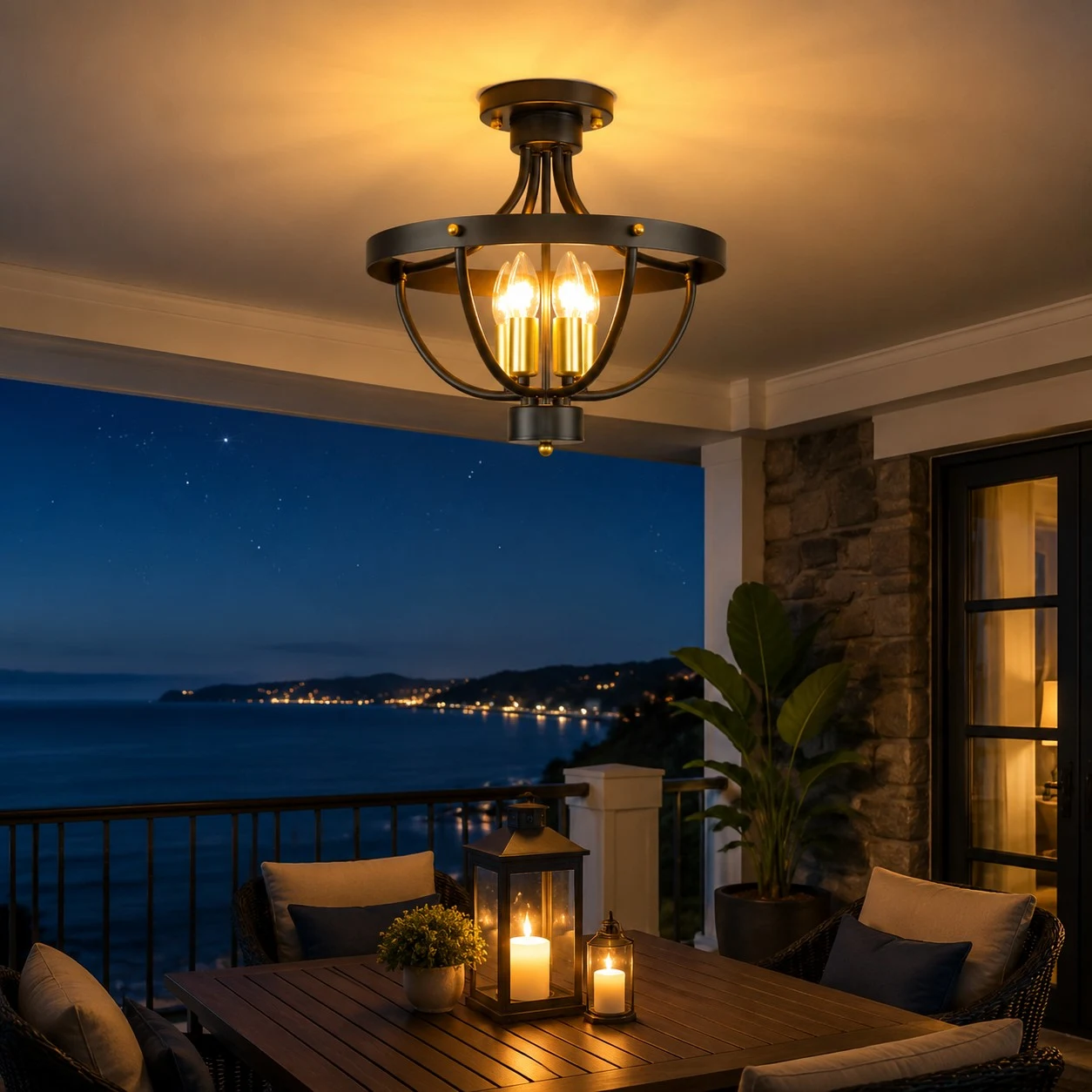 Outdoor covered patio lighting scene