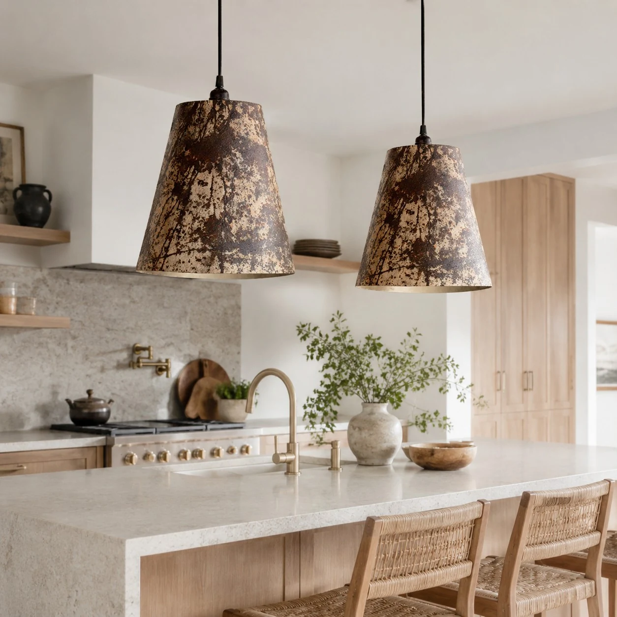 Pair of patina iron pendant lamps above a kitchen island