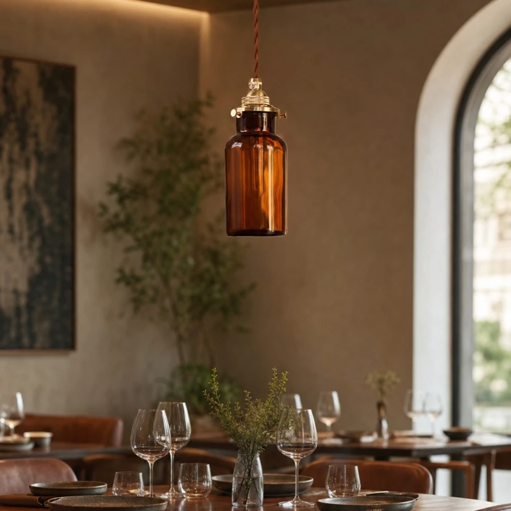 Amber brown glass pendant lamp room scene