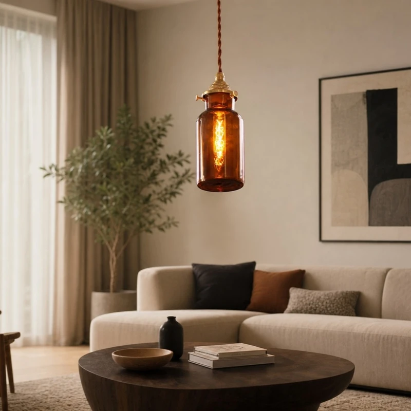 Amber brown glass pendant lamp room scene