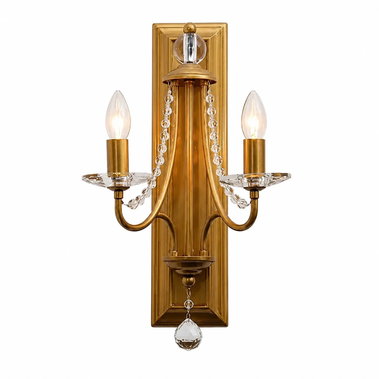 Vintage brass crystal double wall sconce on a white background