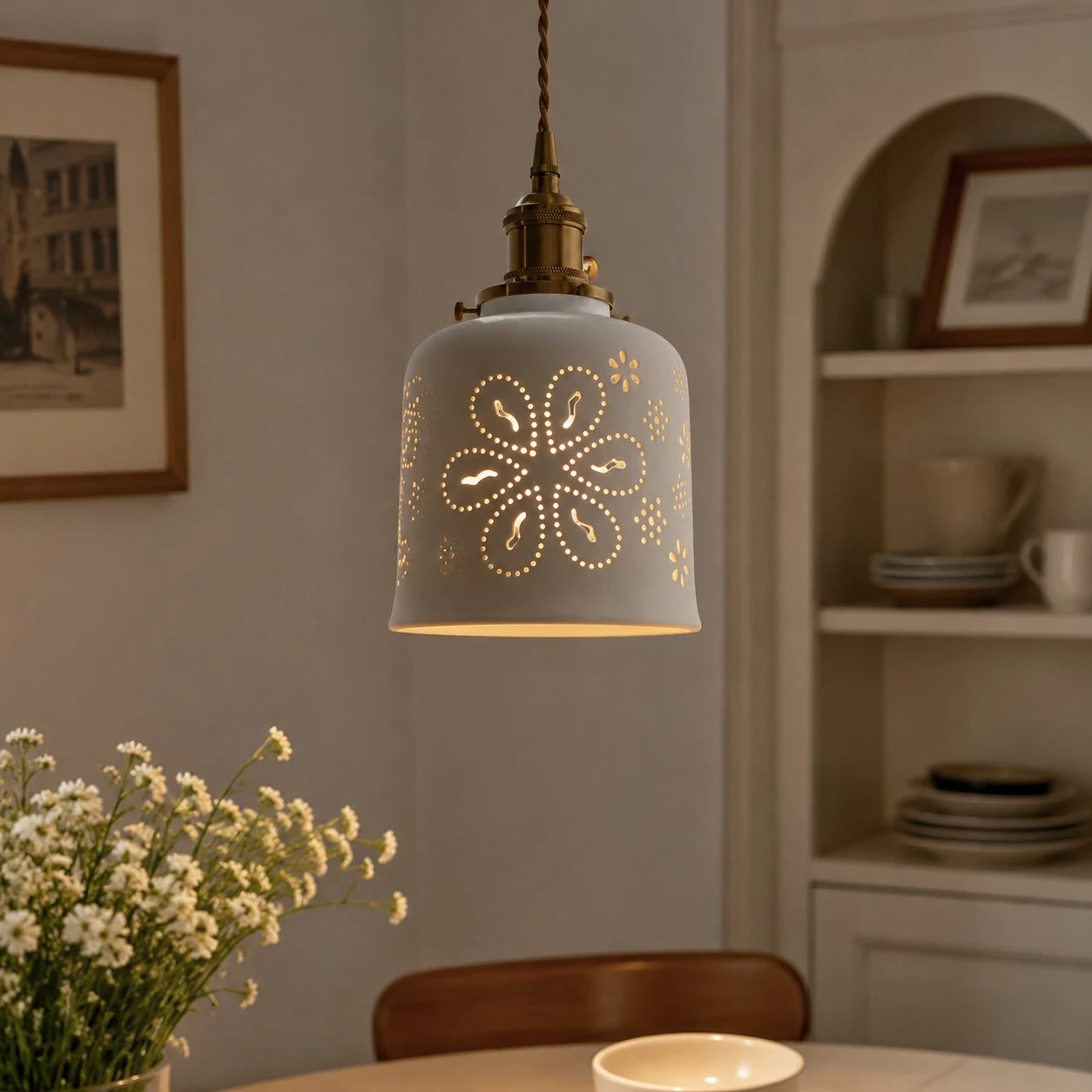 Floral ceramic pendant light in a cozy interior corner