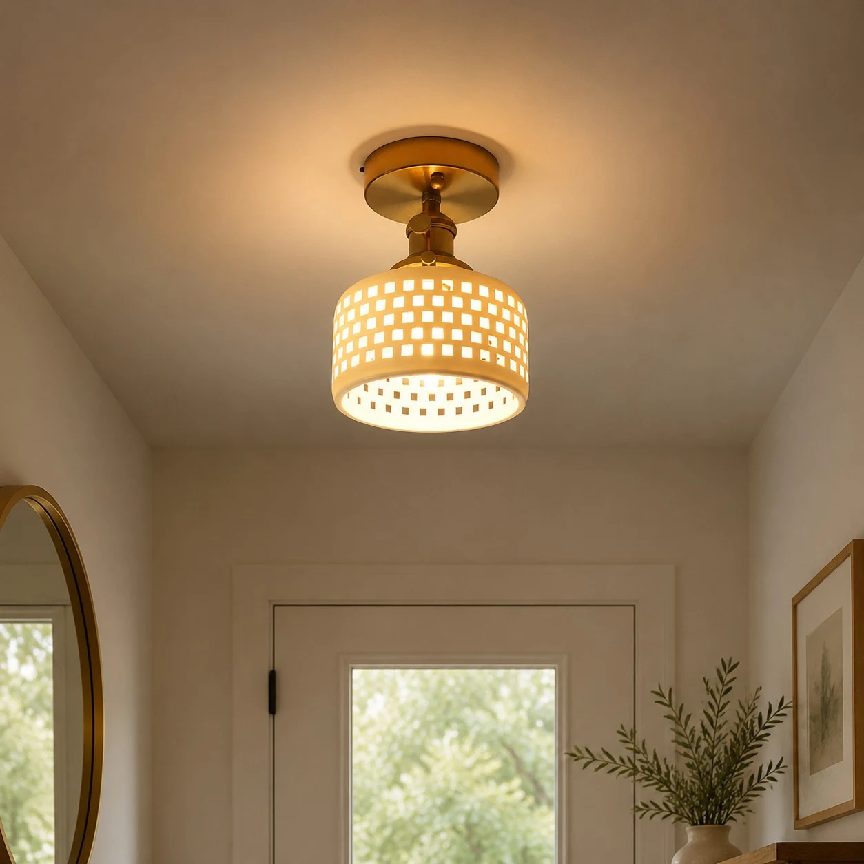 Grid ceramic ceiling light mounted in an entryway