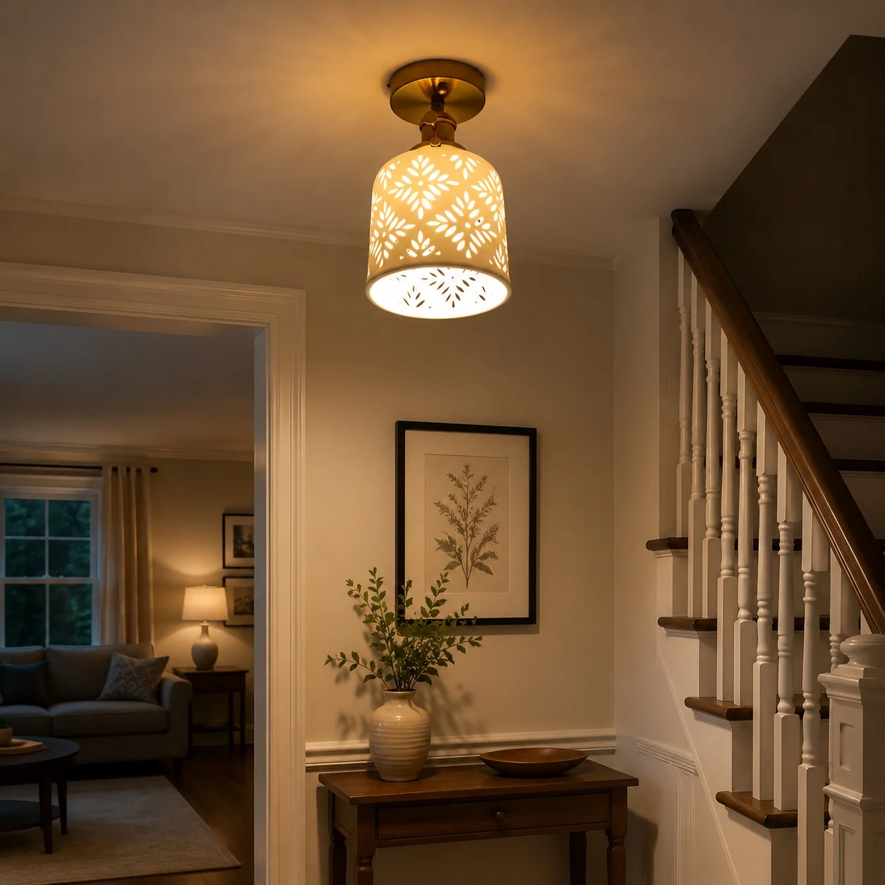 Flush mount ceramic ceiling light lighting a hallway