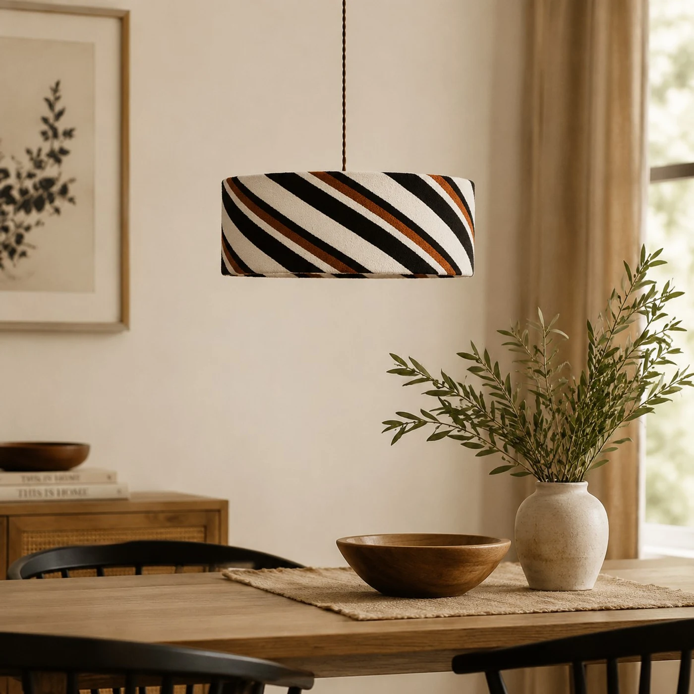 Striped fabric pendant light room detail