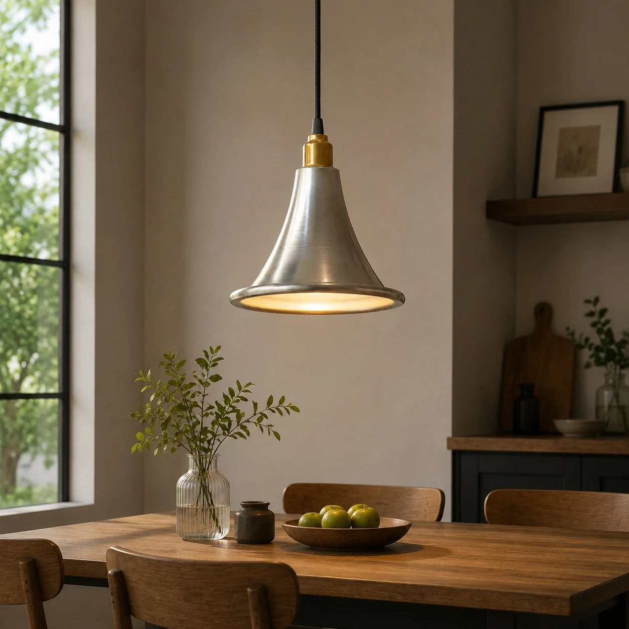 Pendant light installed in restaurant dining space