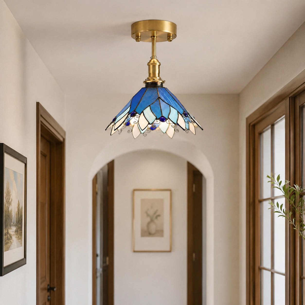 Blue Stained Glass Semi Flush Ceiling Light