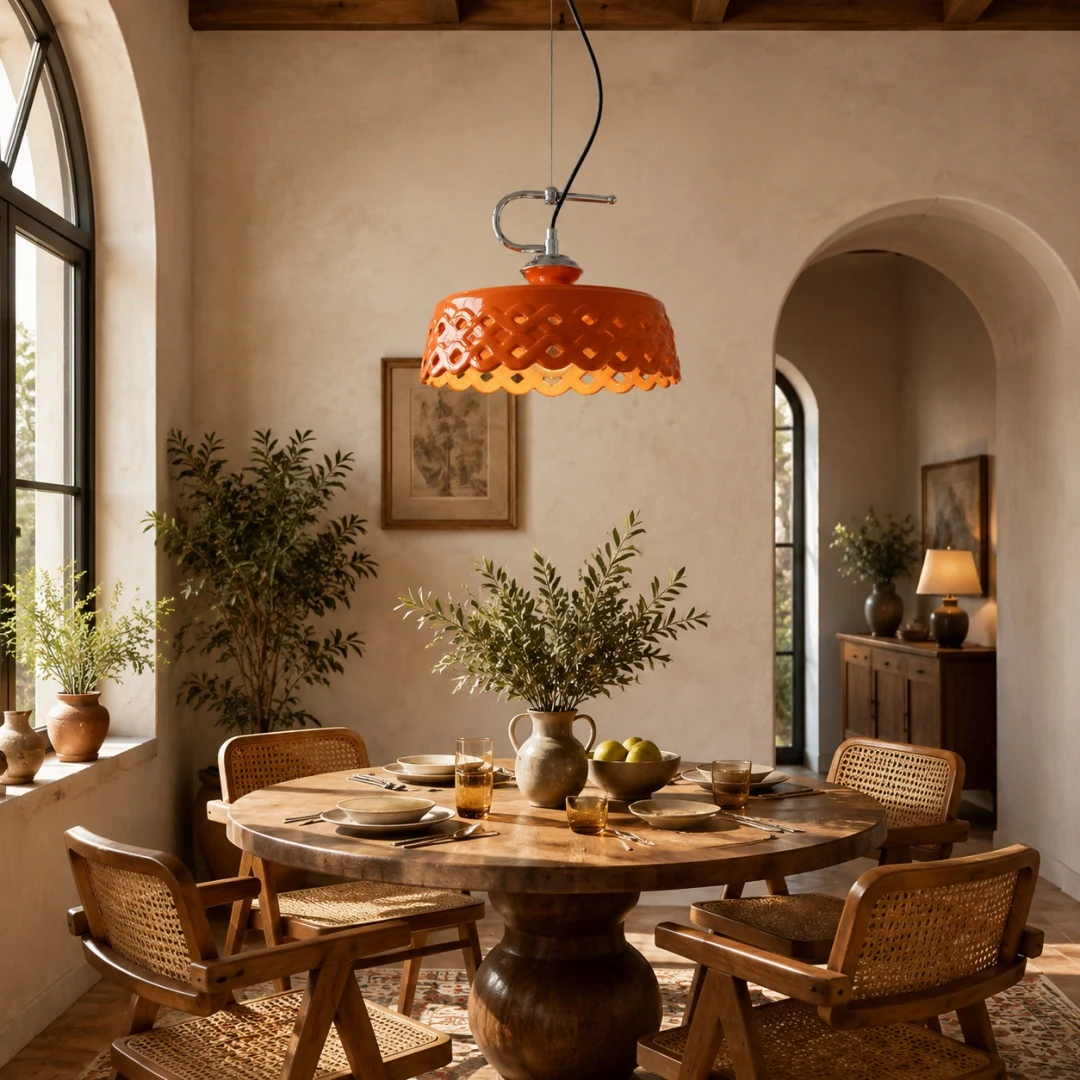 Orange metal and ceramic pendant lamp above a rustic dining table