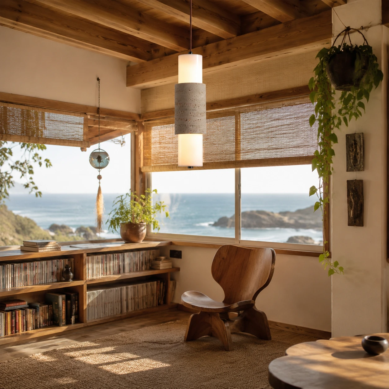 Travertine pendant lamp in a wood ceiling coastal room