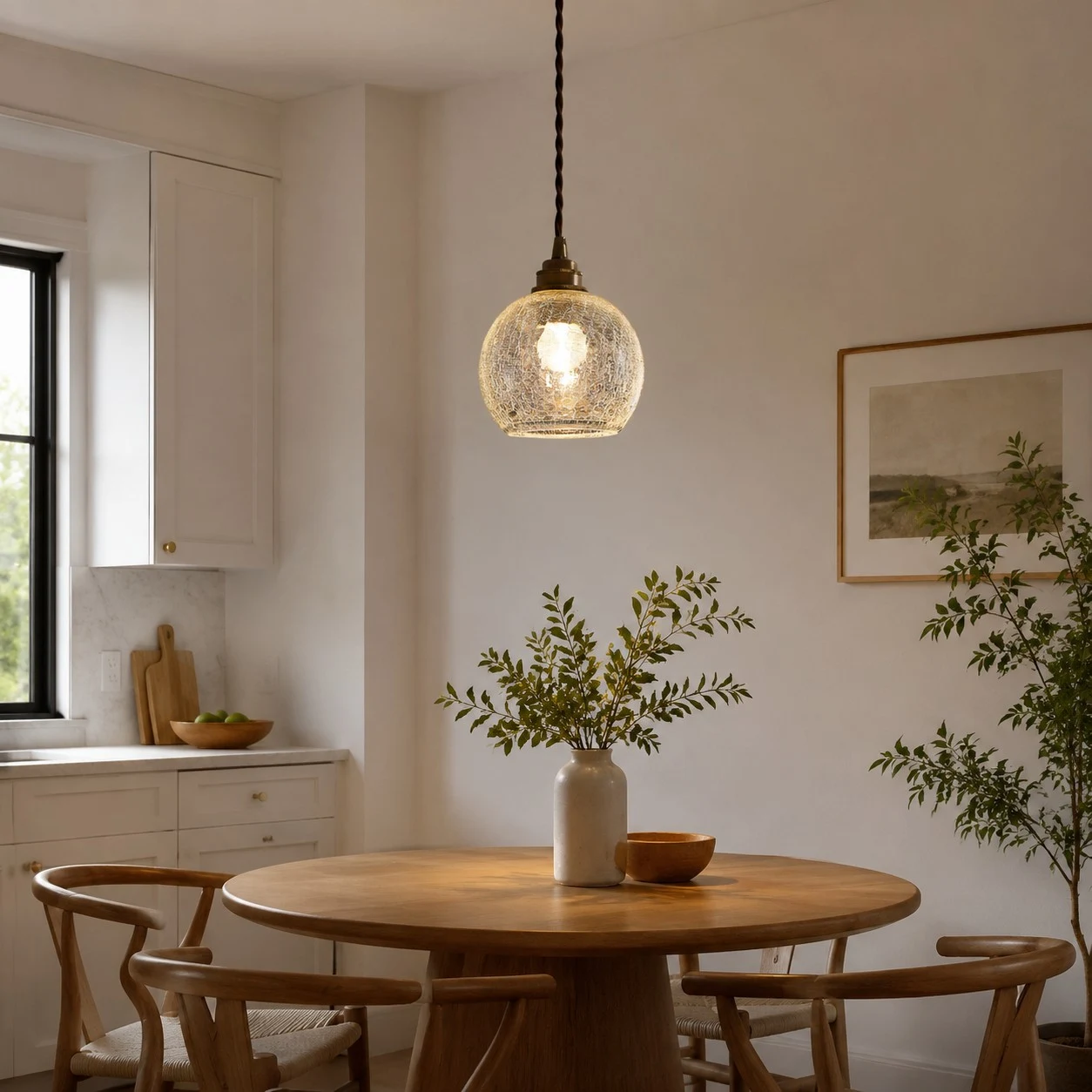 clear glass brass pendant light installed above a small dining table