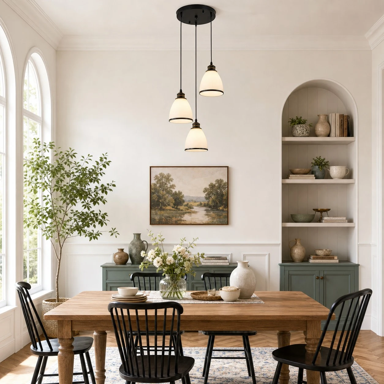 Round canopy pendant installed above a dining table