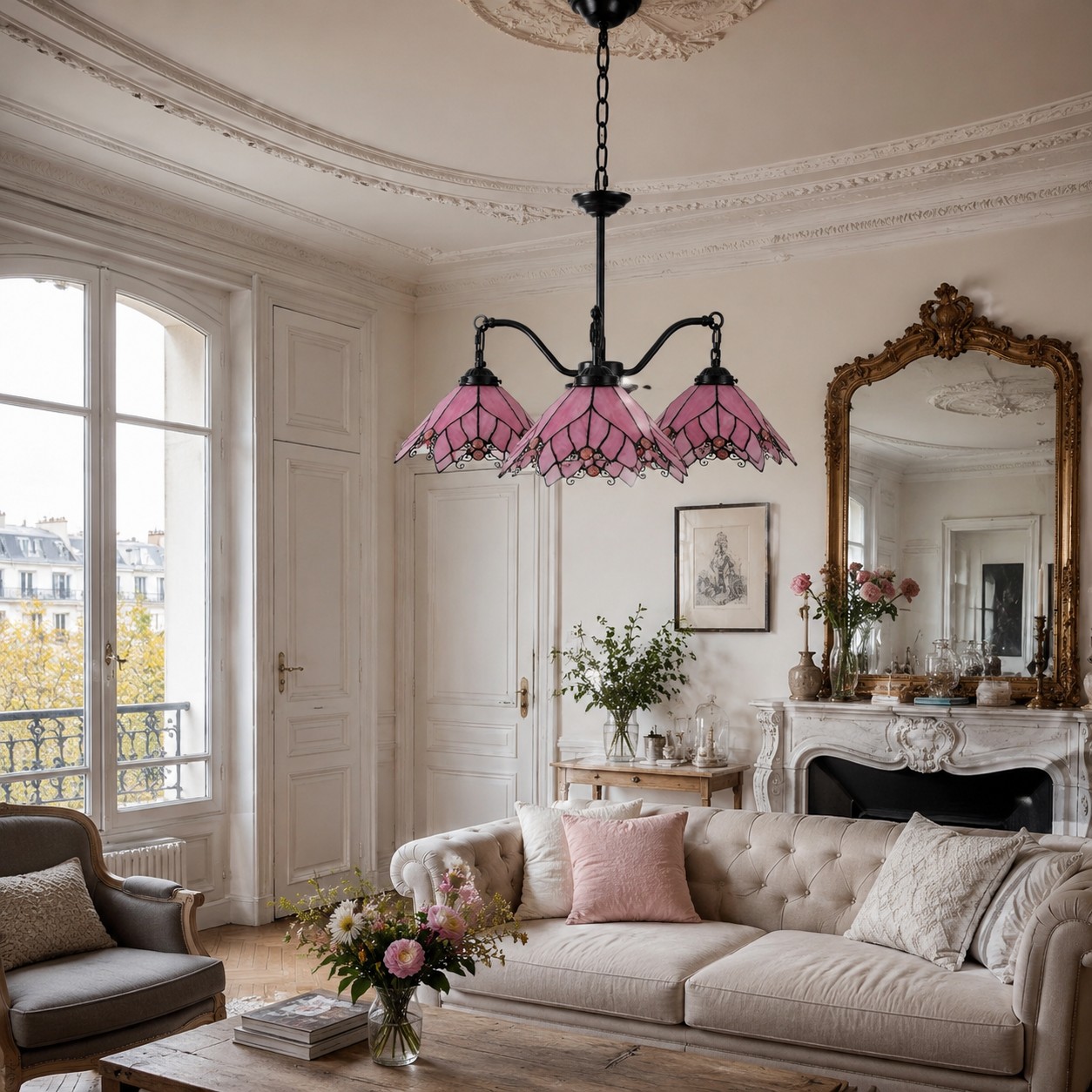 Four-Light Stained Glass Chandelier