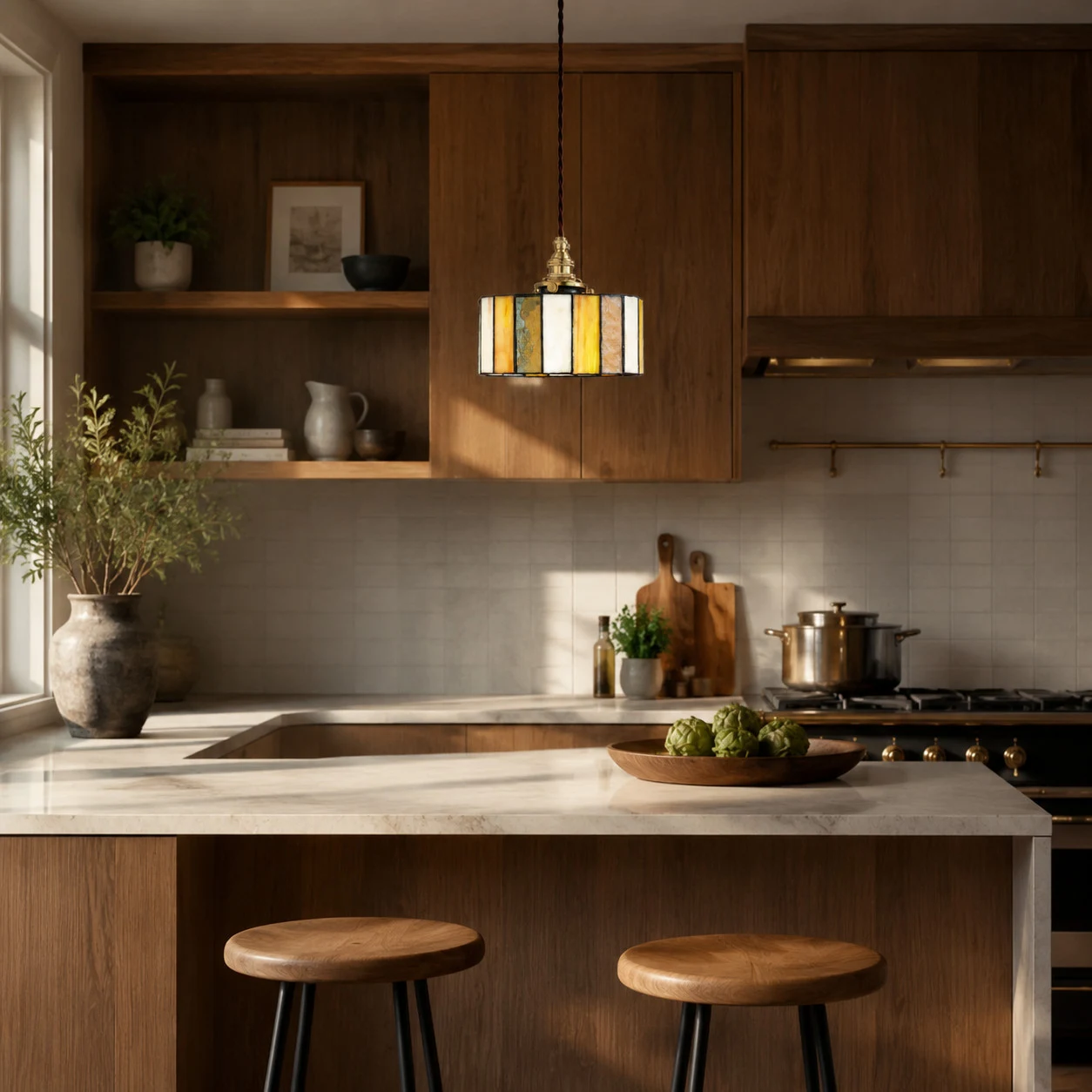 Small stained glass pendant lamp in a wood kitchen
