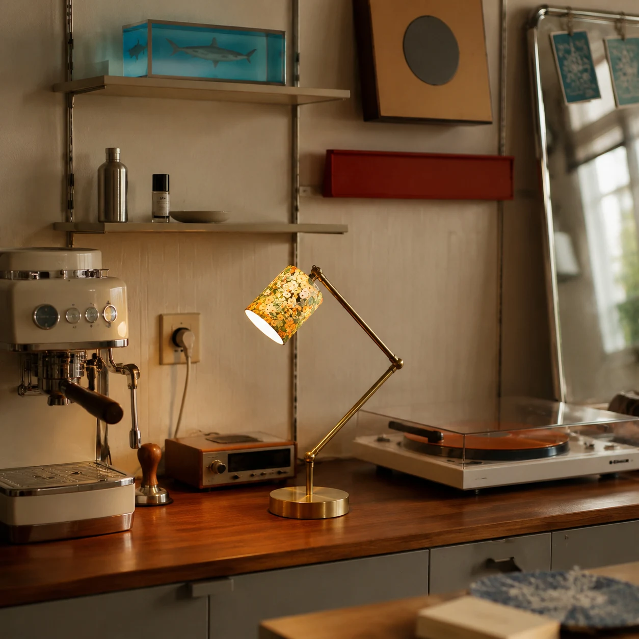 Cream floral table lamp lit on a desk beside coffee and record equipment