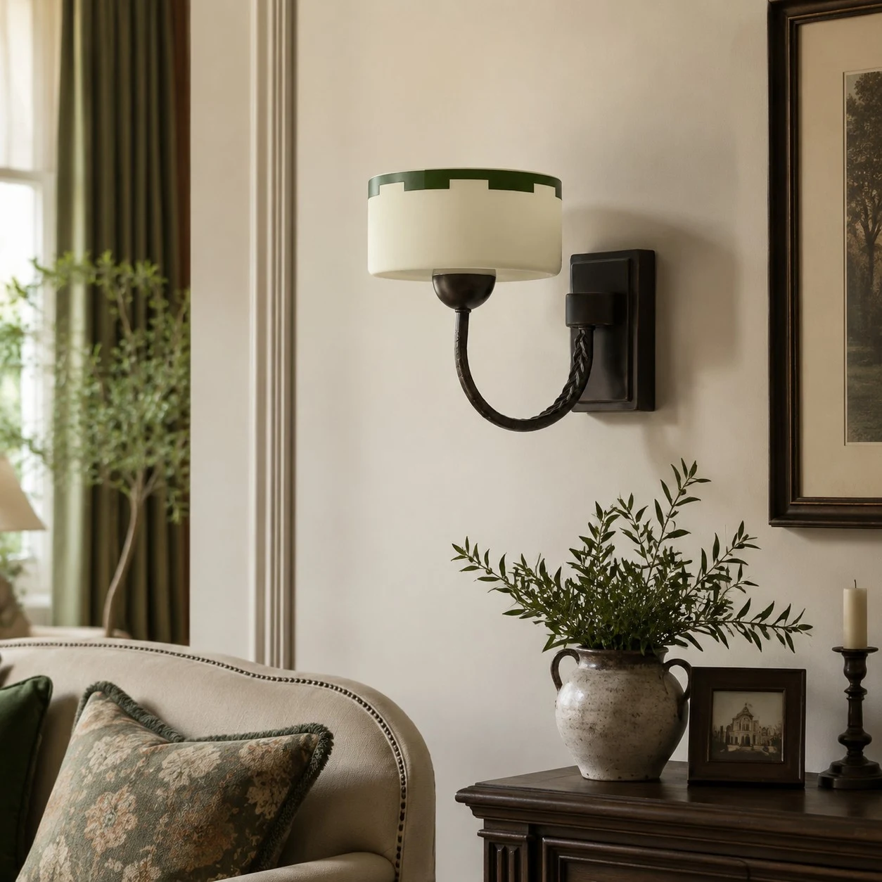 Vintage wall sconce in a styled corner installation