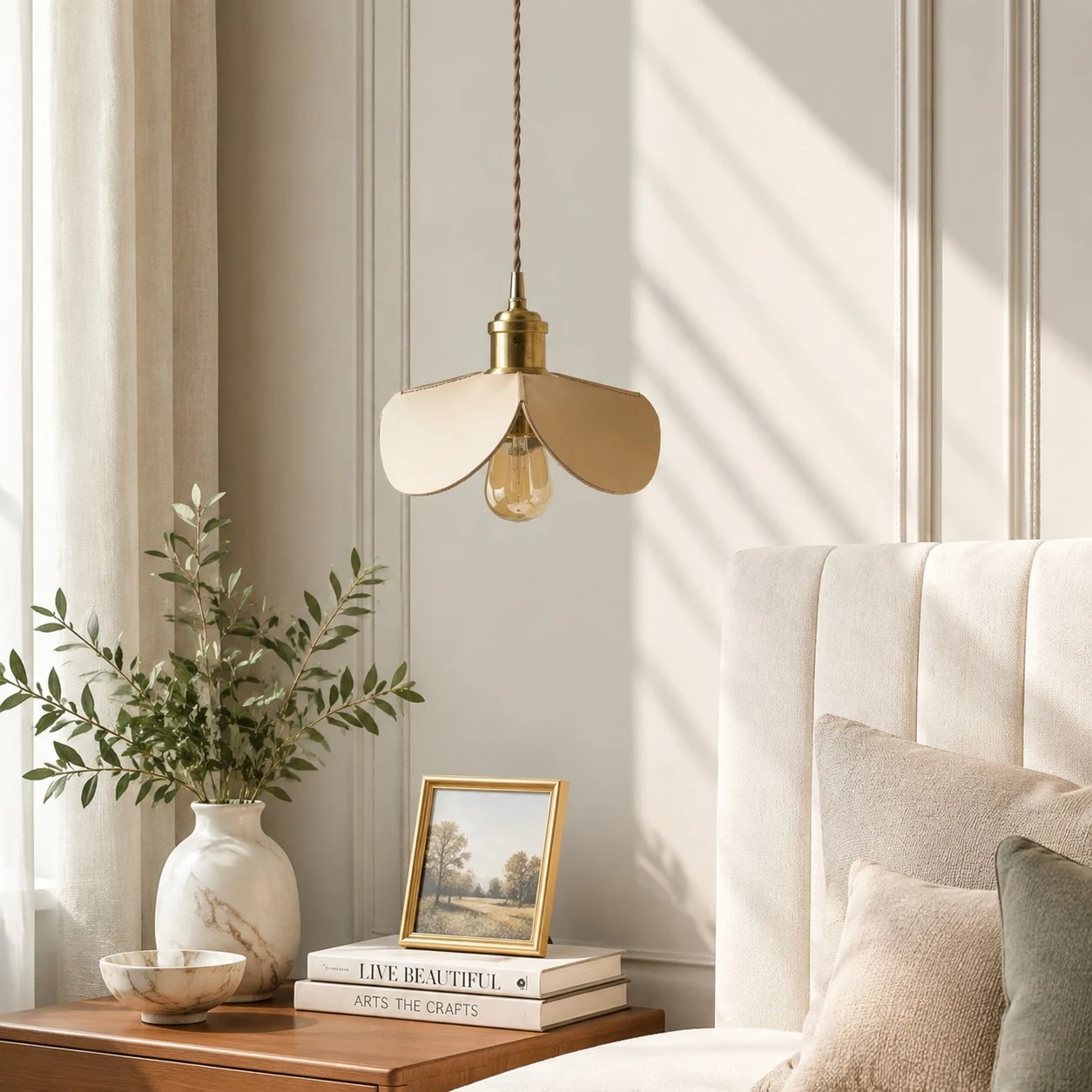 Leather petal pendant light beside a soft upholstered bed