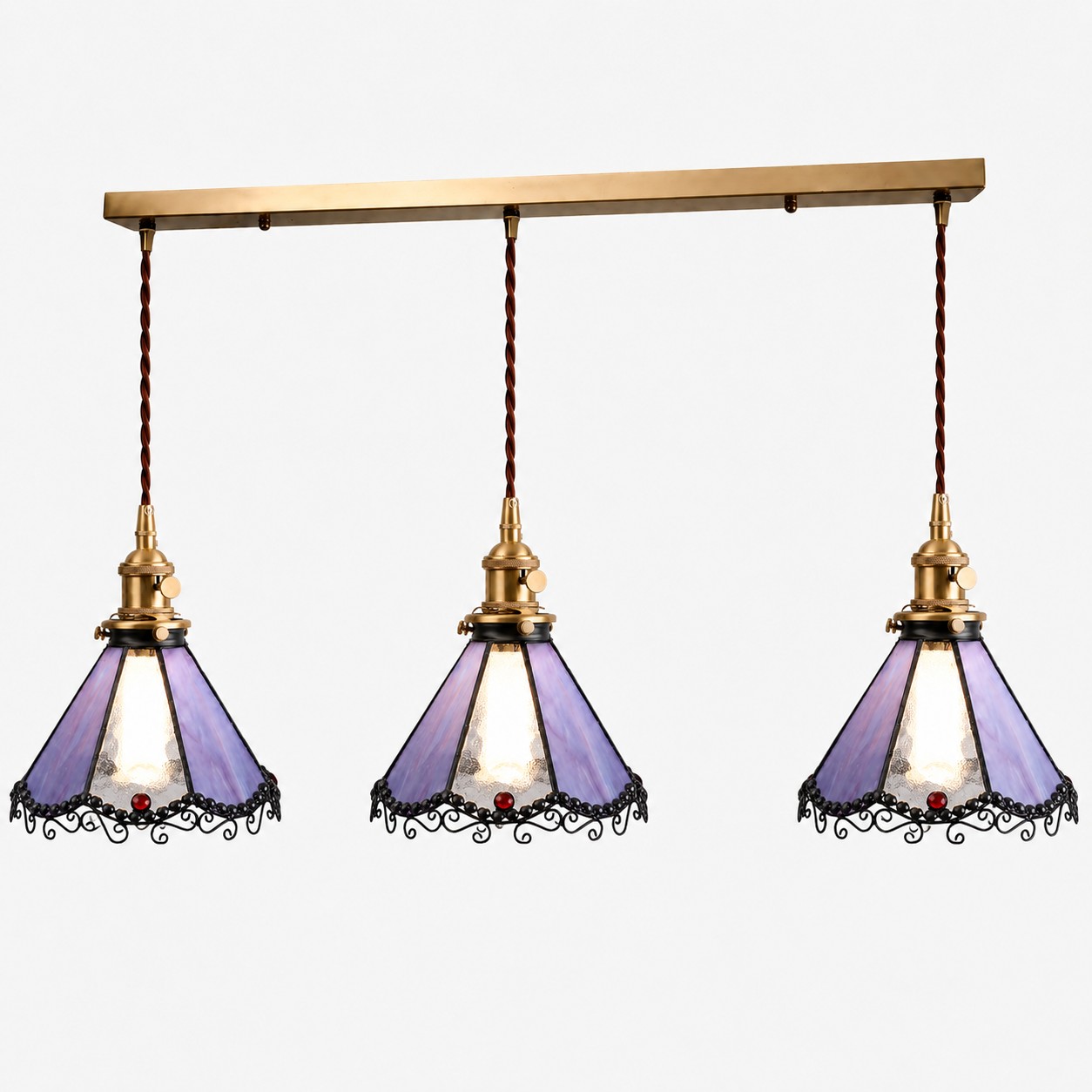 Purple three-light stained glass linear pendant