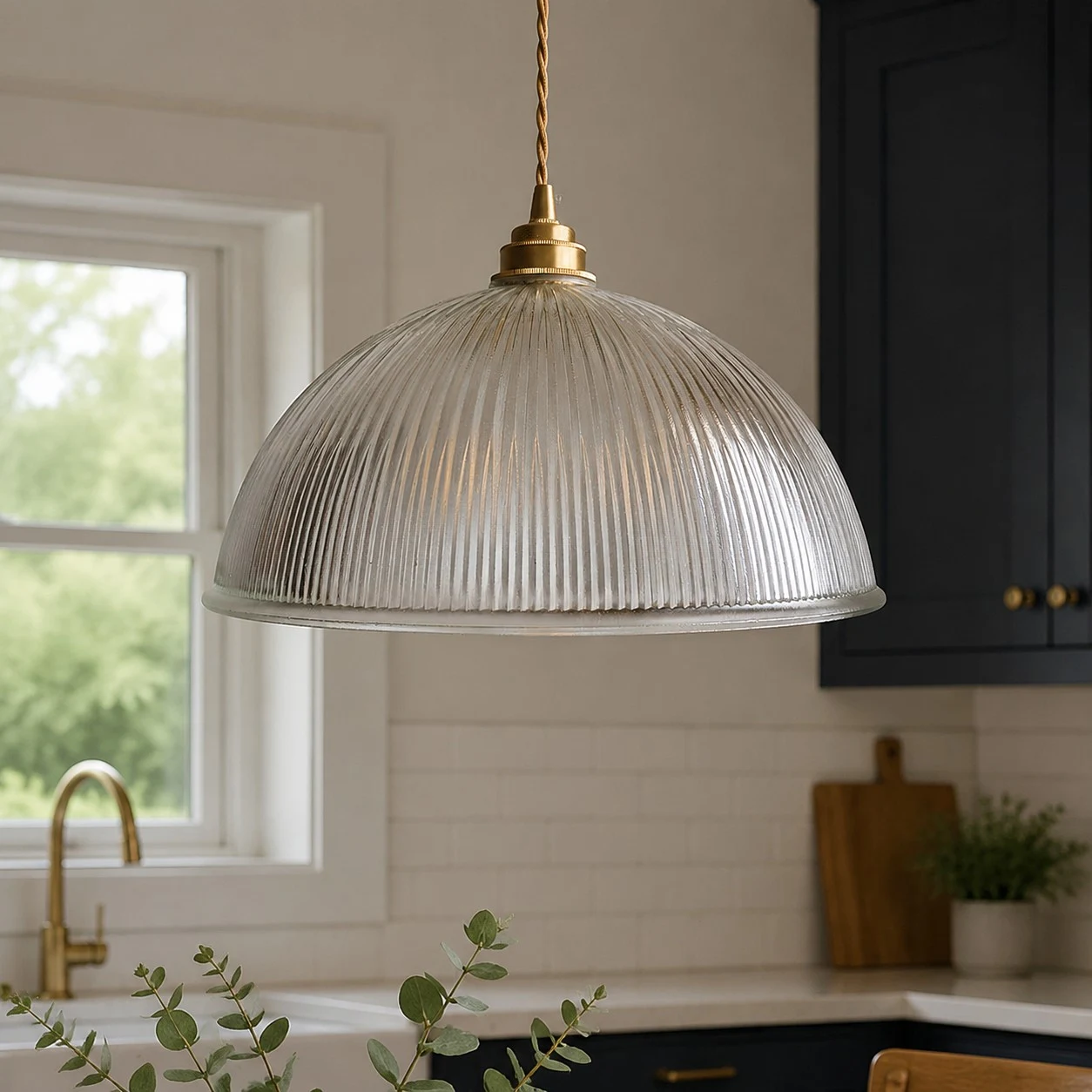 Clear ribbed glass pendant installed in a kitchen