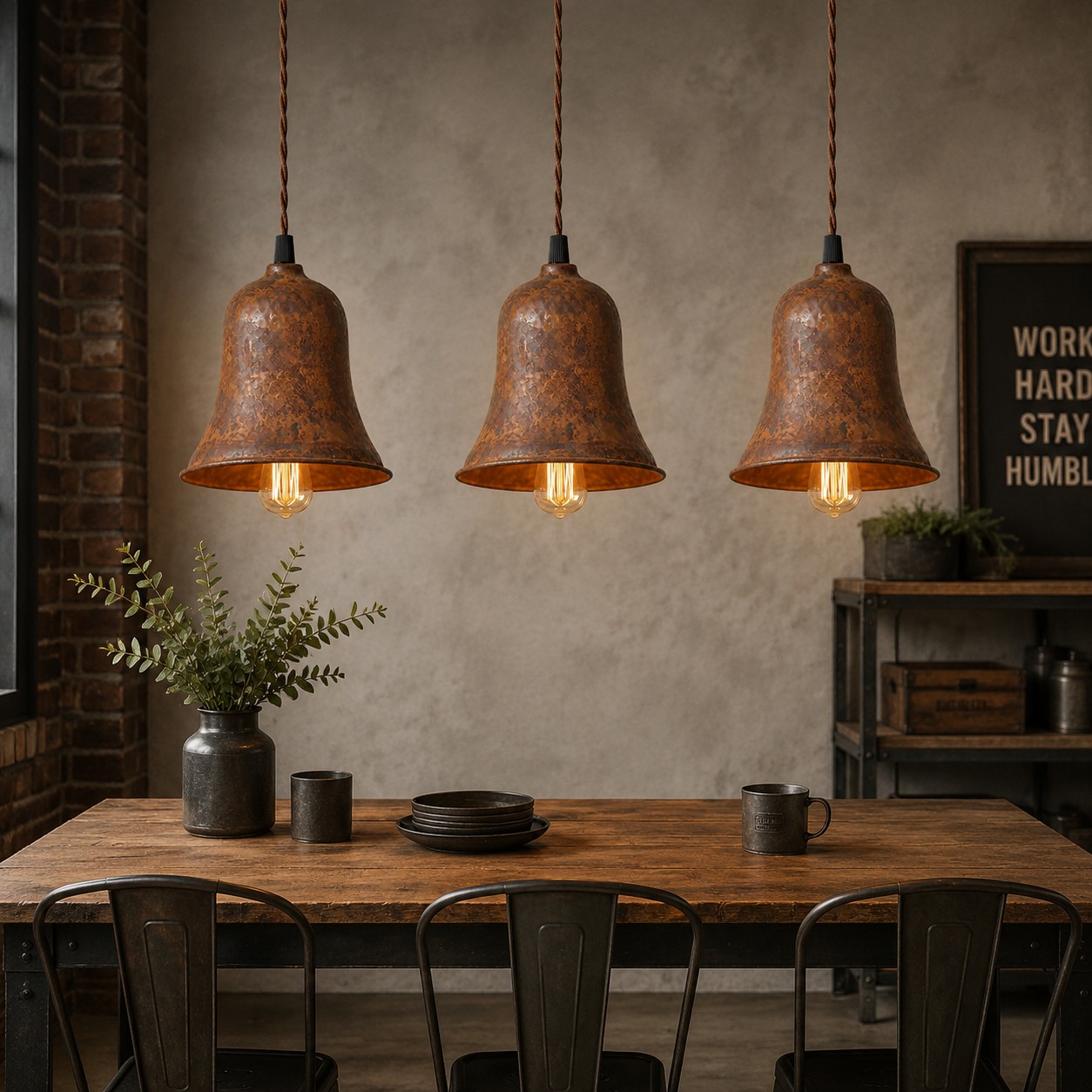 Three rust bell pendant lights over an industrial dining counter