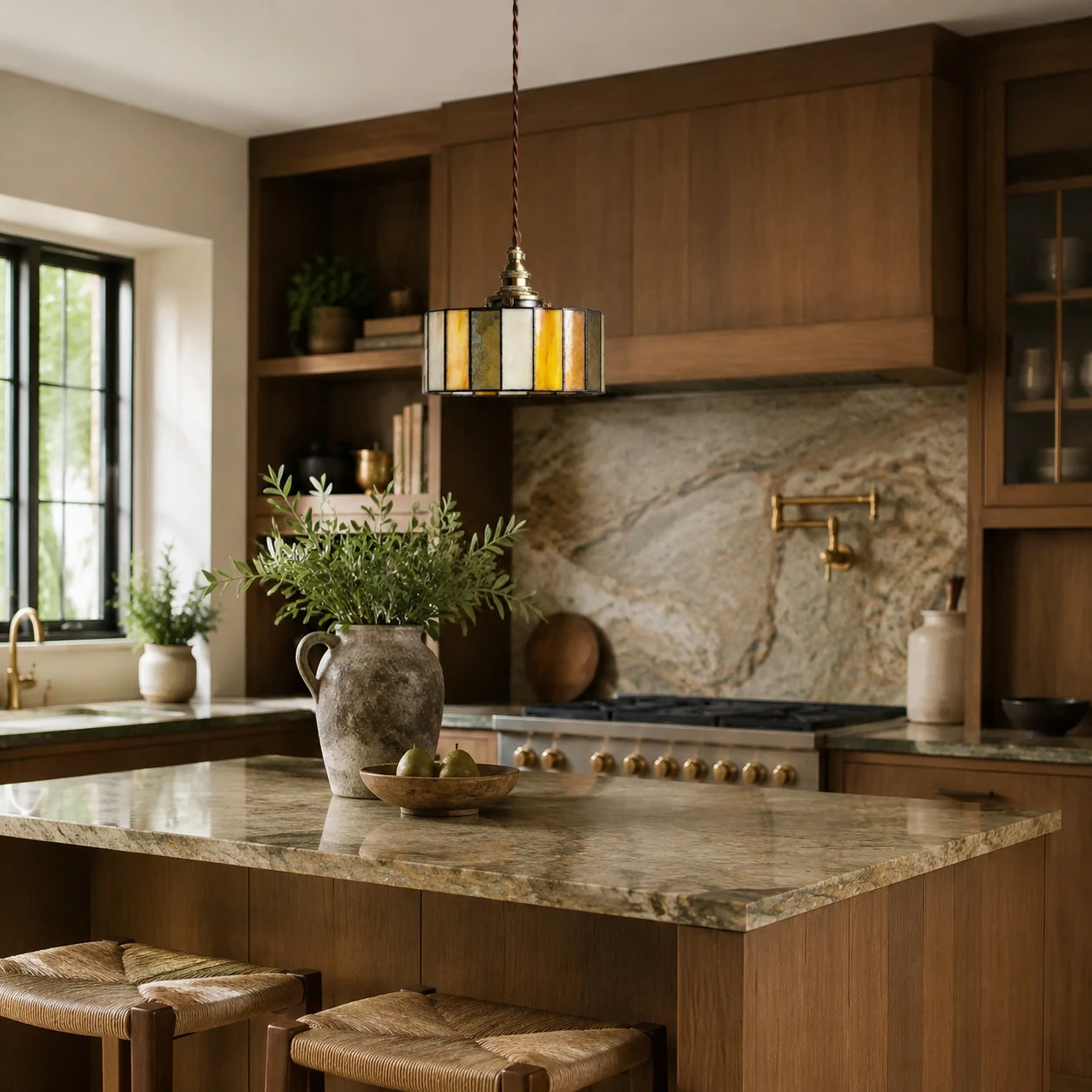Brass glass pendant light over a marble kitchen island