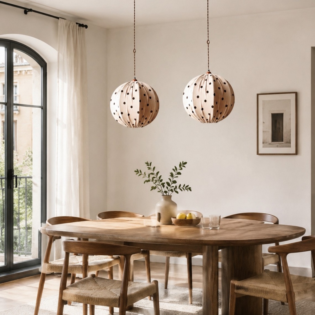 Cream polka dot pendant lamp in a warm dining room