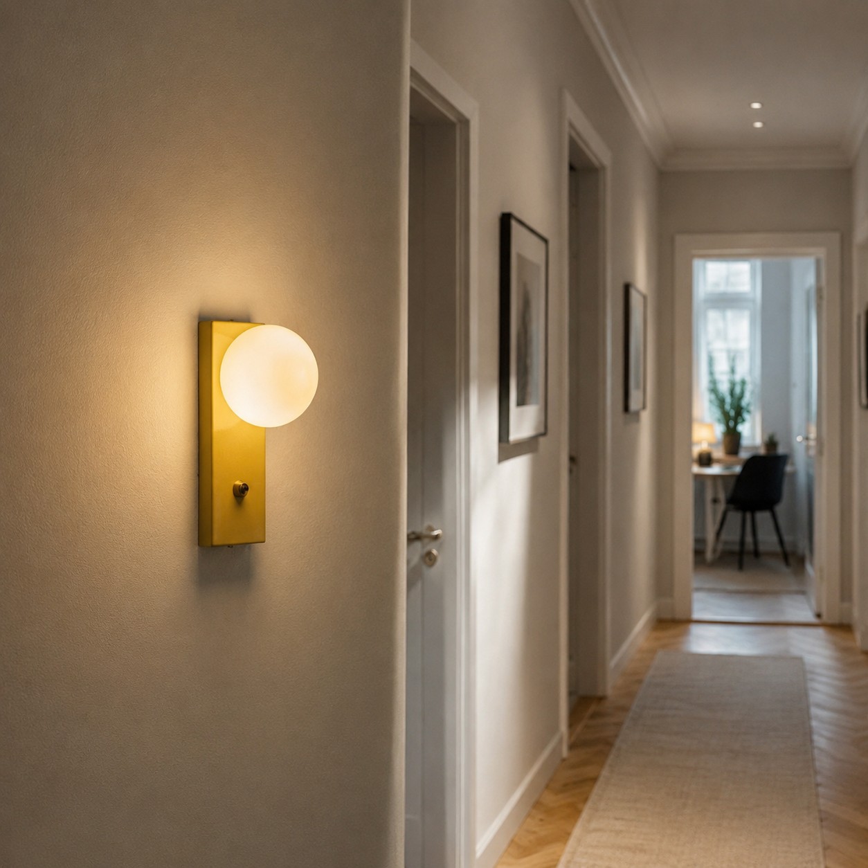 Illuminated hallway wall sconce scene
