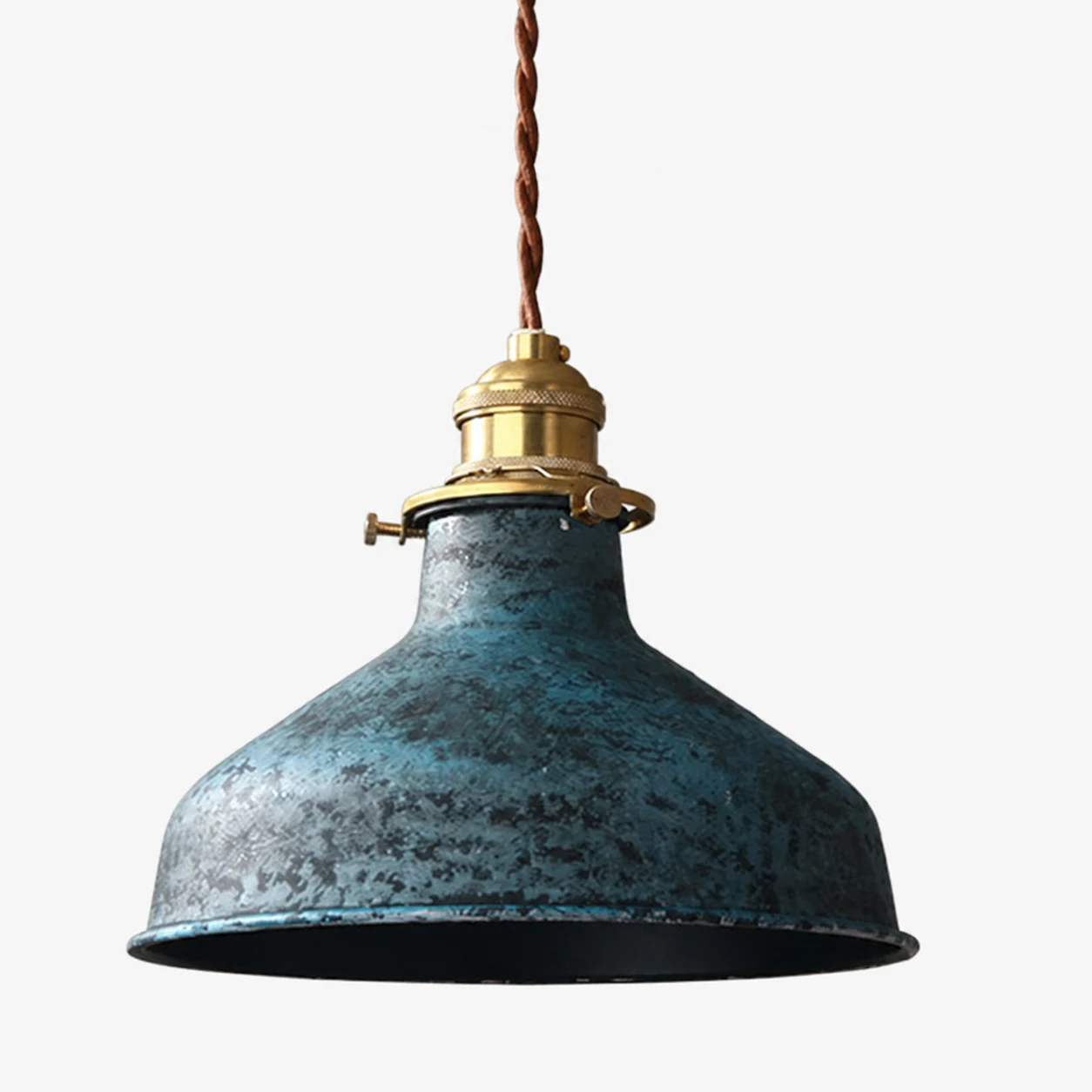 Distressed blue dome pendant lamp on white background