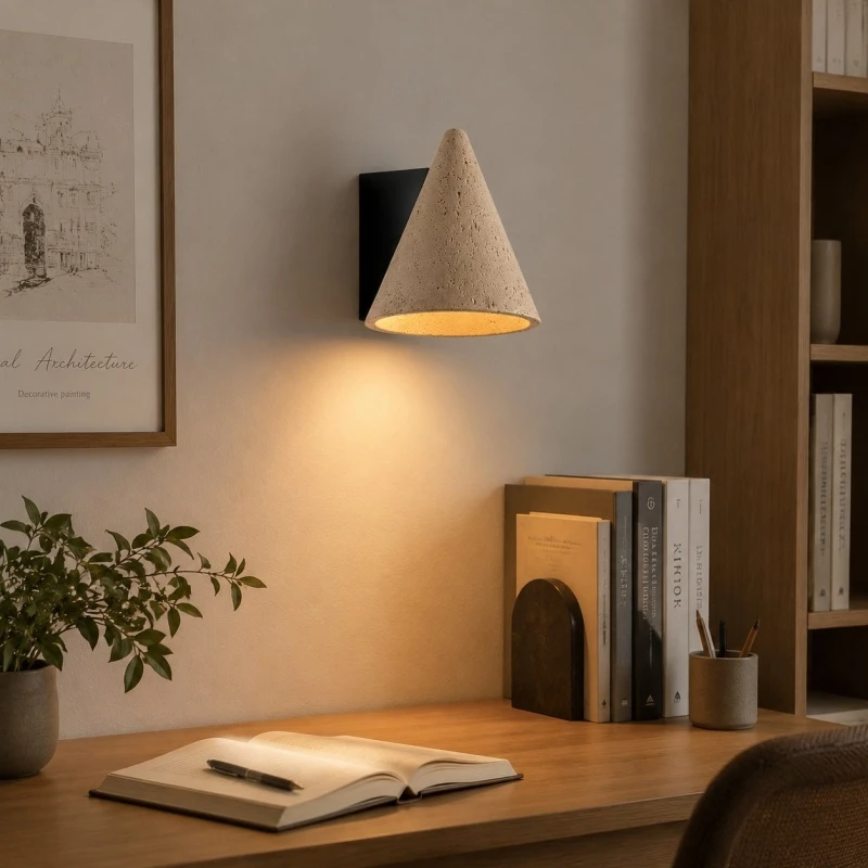 Desk corner scene with warm travertine wall light