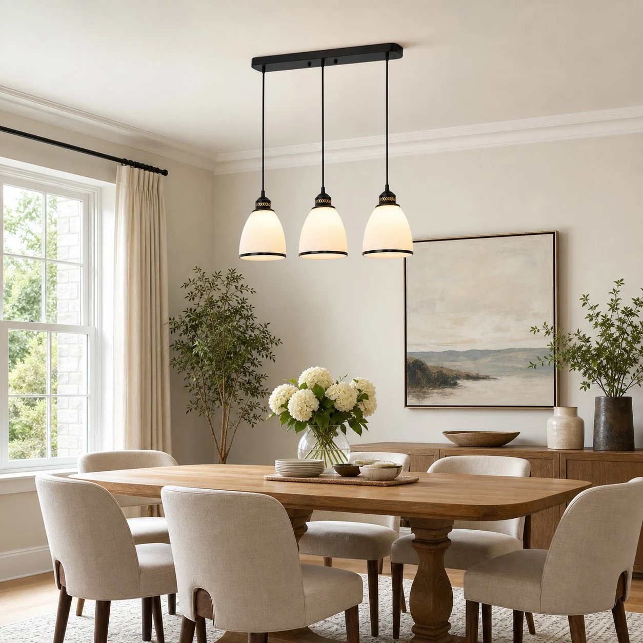 Linear pendant lighting a wood dining table