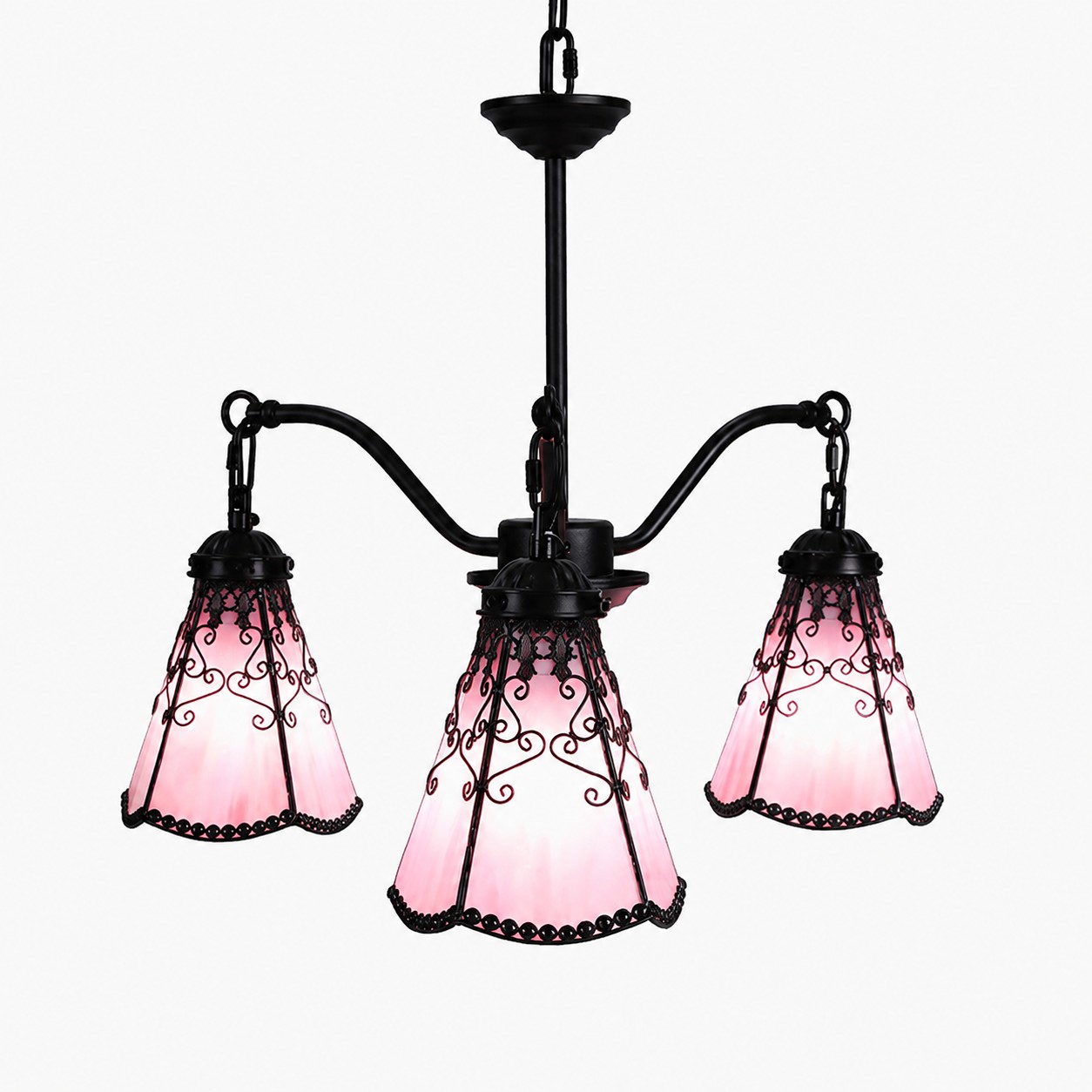 Pink Tiffany-style three light chandelier