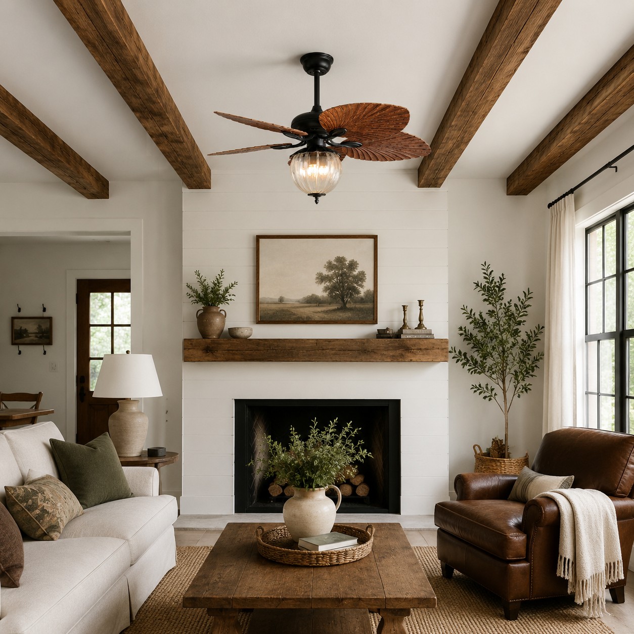 Konoha and Banana Leaf Wooden Ceiling Fan Light