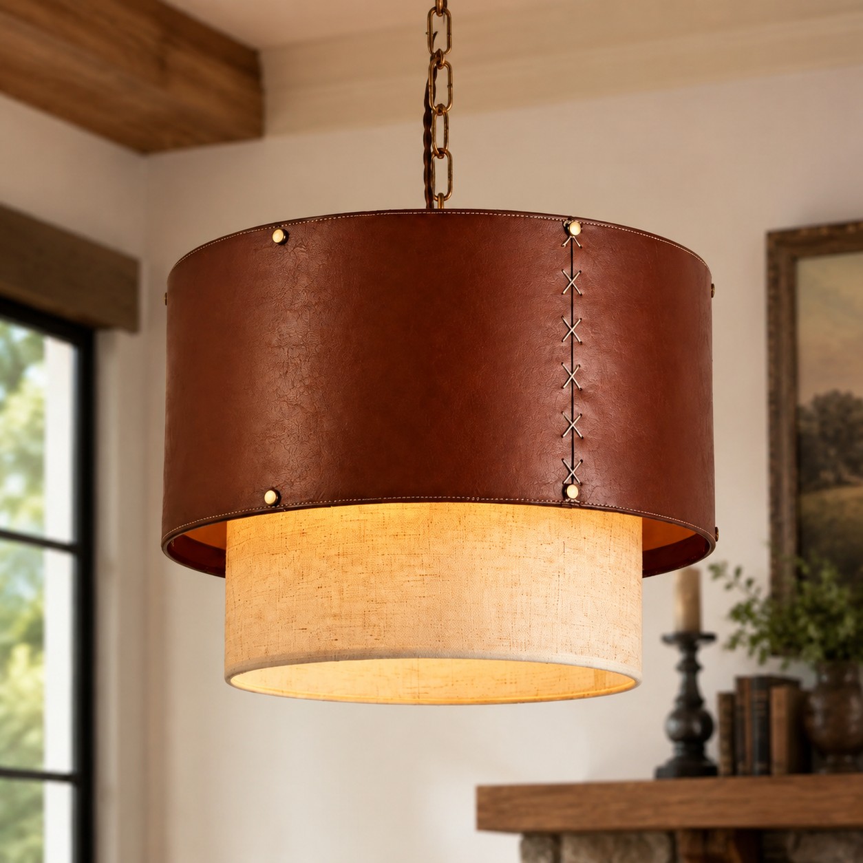 Rustic brown leather pendant light in a styled room