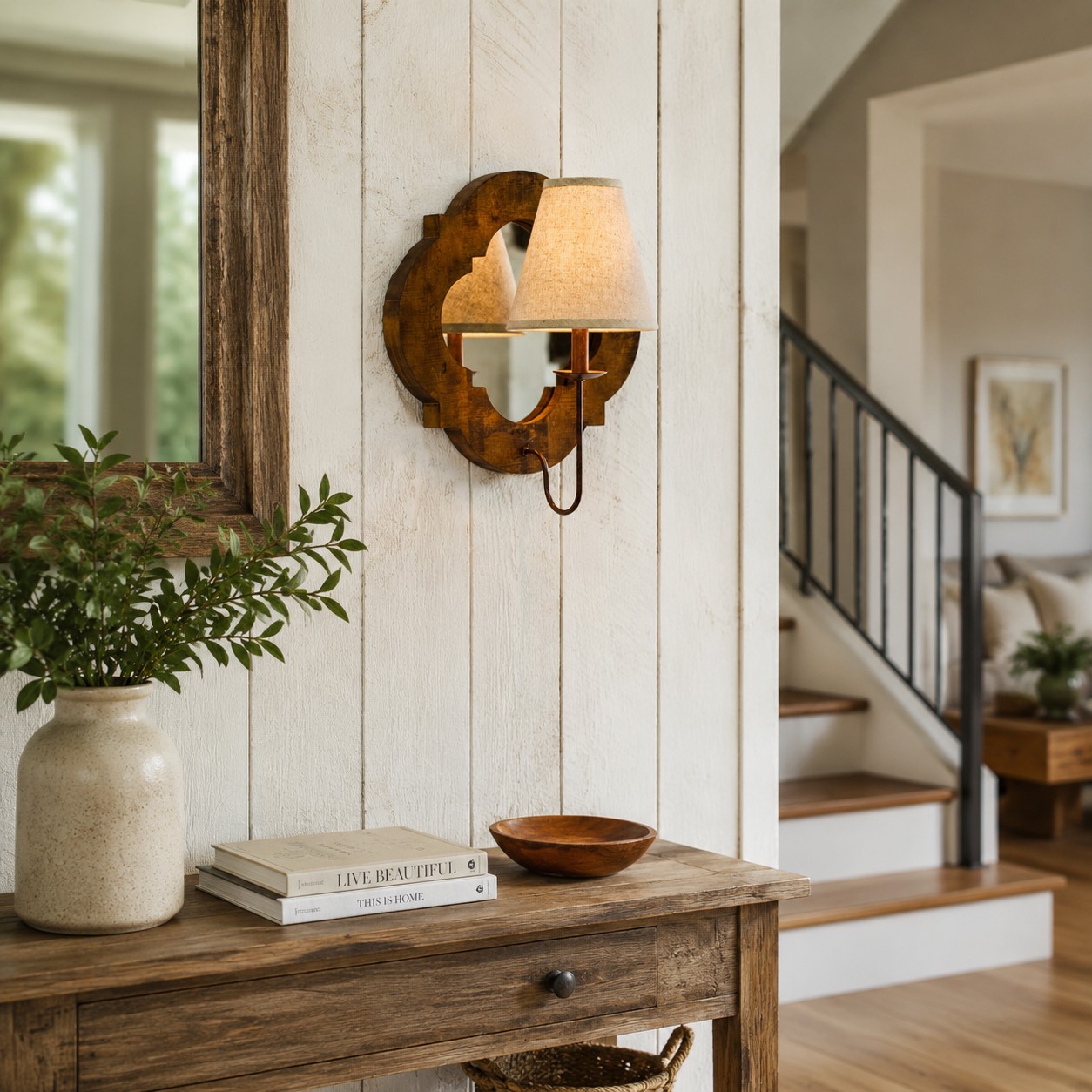 Antique Wood Wall Sconce With Fabric Shade