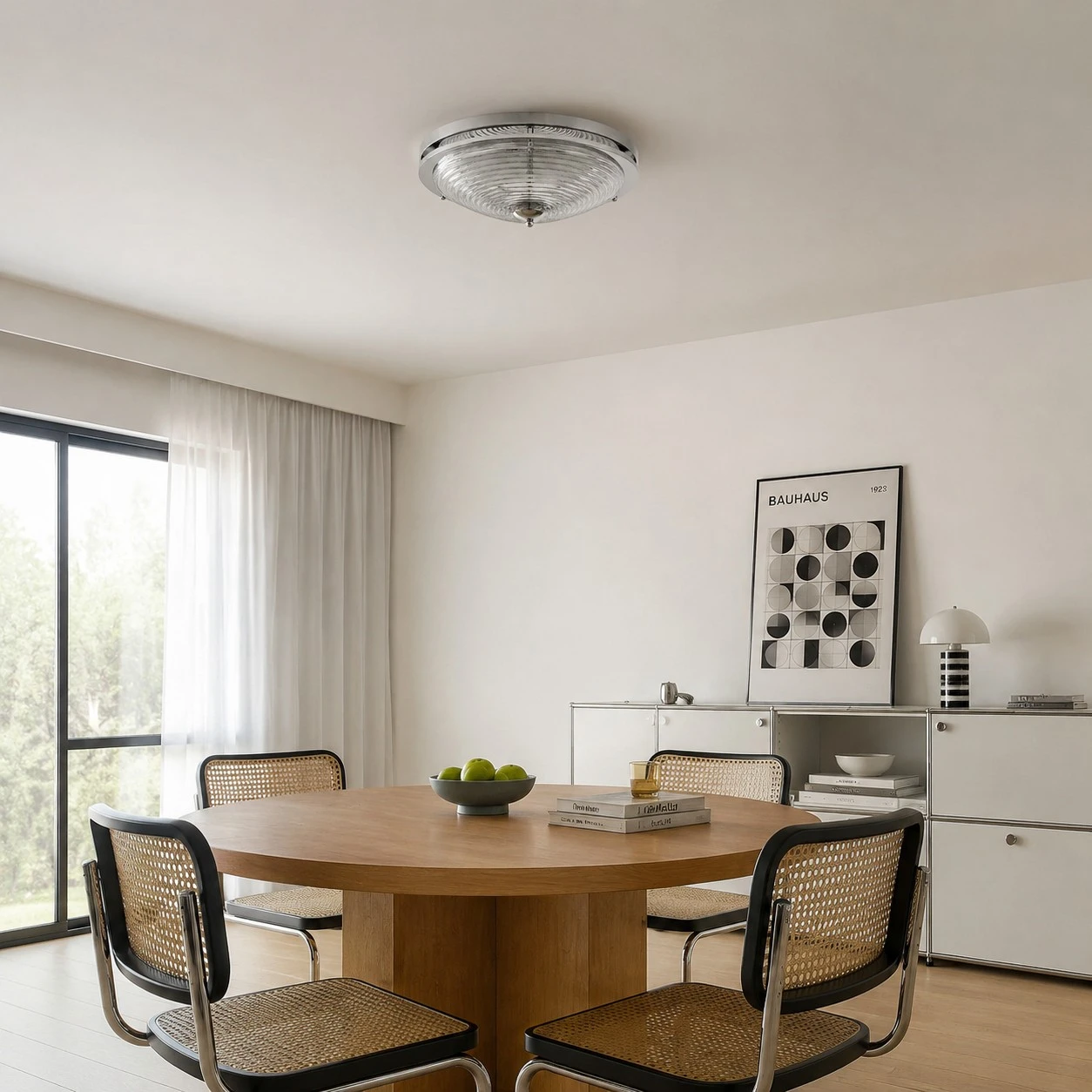 Bauhaus rippled glass ceiling light installed above a dining table