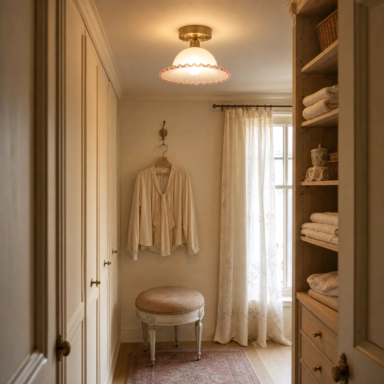 ruffled glass flush mount ceiling light in a wardrobe hallway