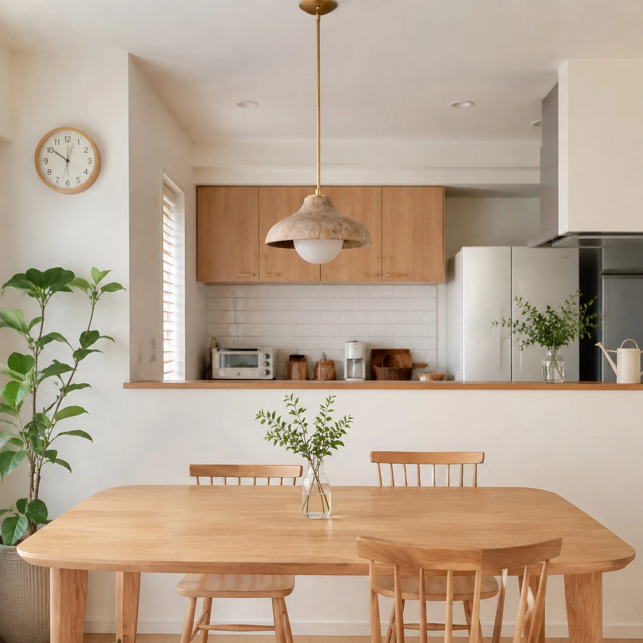 Pendant lamp over a warm wood dining table