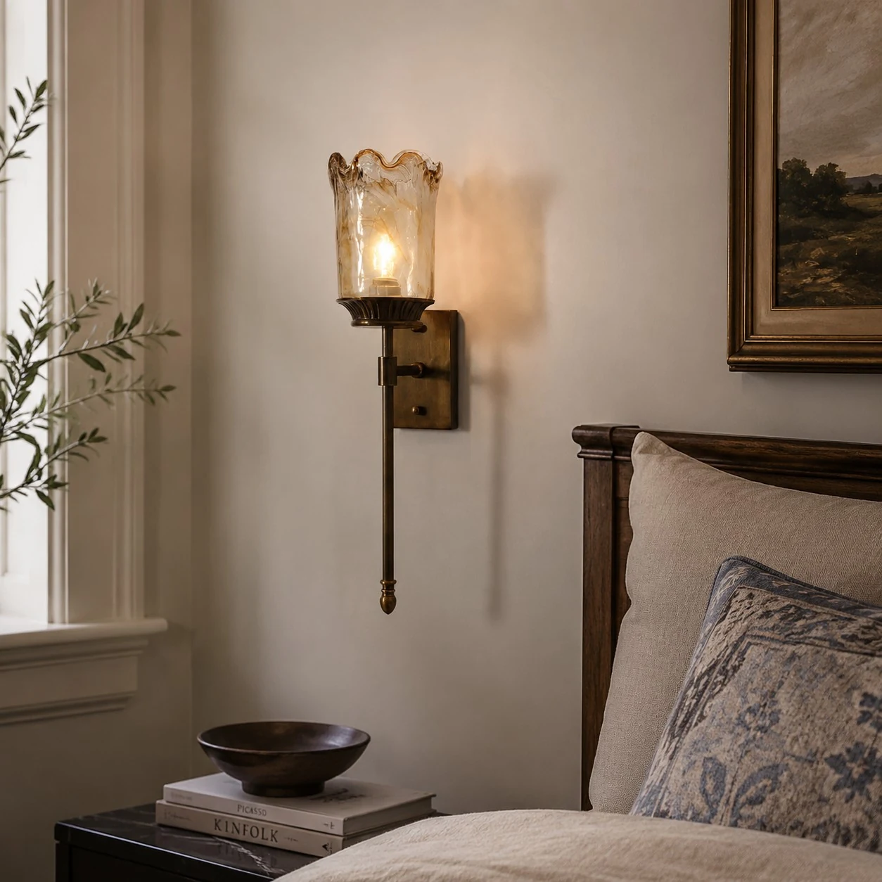Vintage brass wall sconce installed beside a bedroom wall