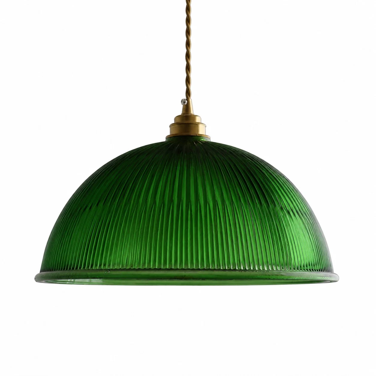 Emerald green ribbed glass pendant light on a white background