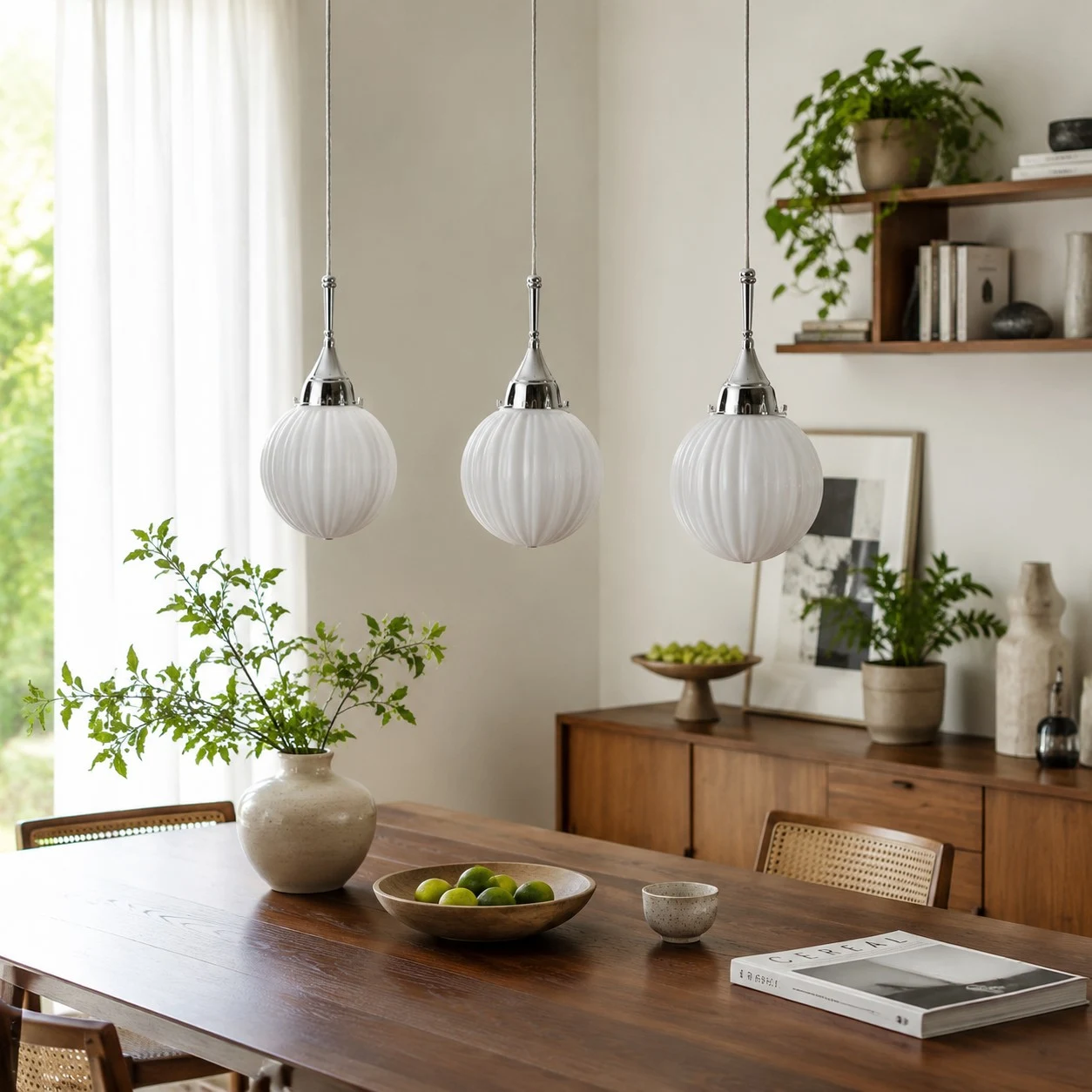 Three ribbed glass pendants above a dining table