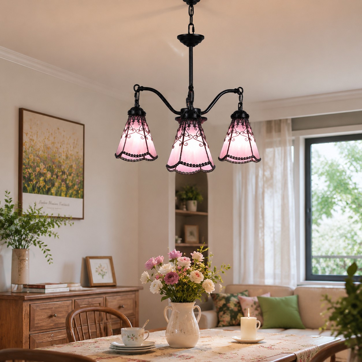 Pink chandelier installed in a living room