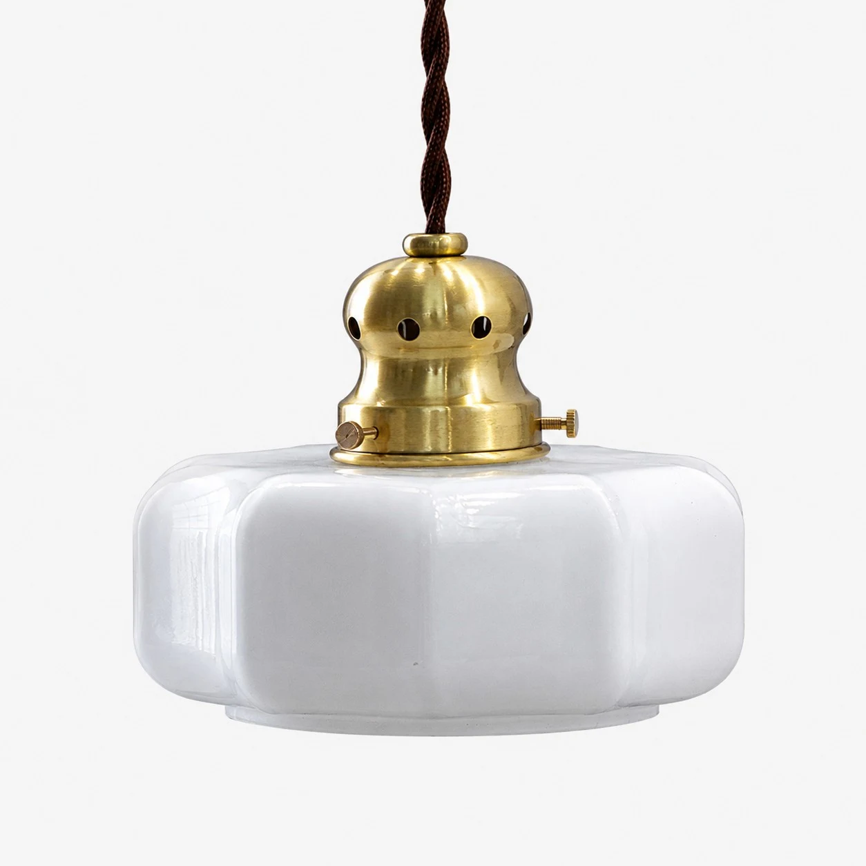 Style 2 vintage brass and white glass pendant lamp on white background