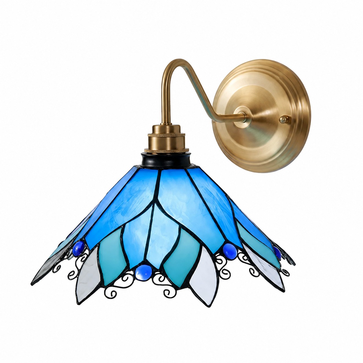 Blue Stained Glass Wall Sconce With Curved Arm