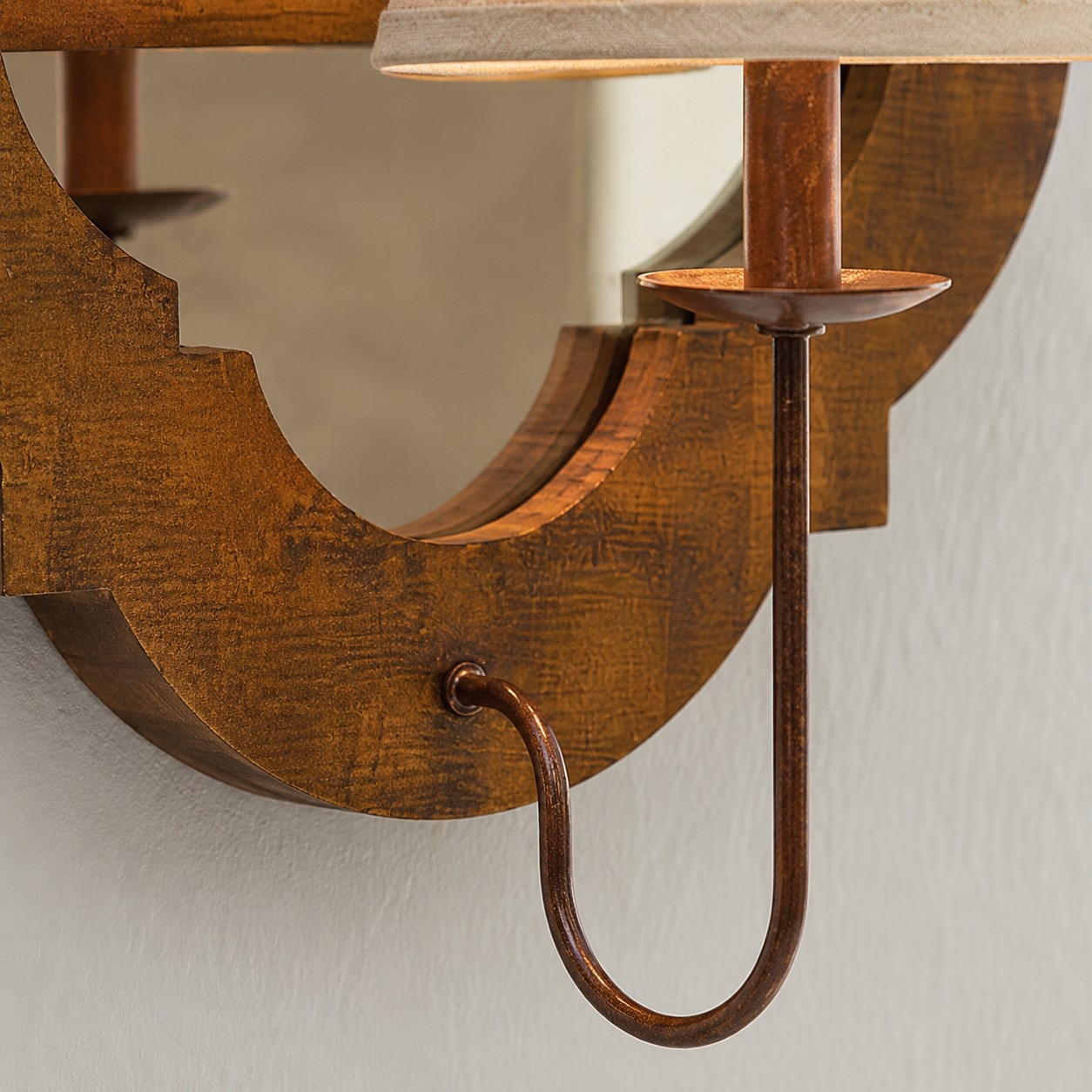 Antique Wood Wall Sconce With Fabric Shade