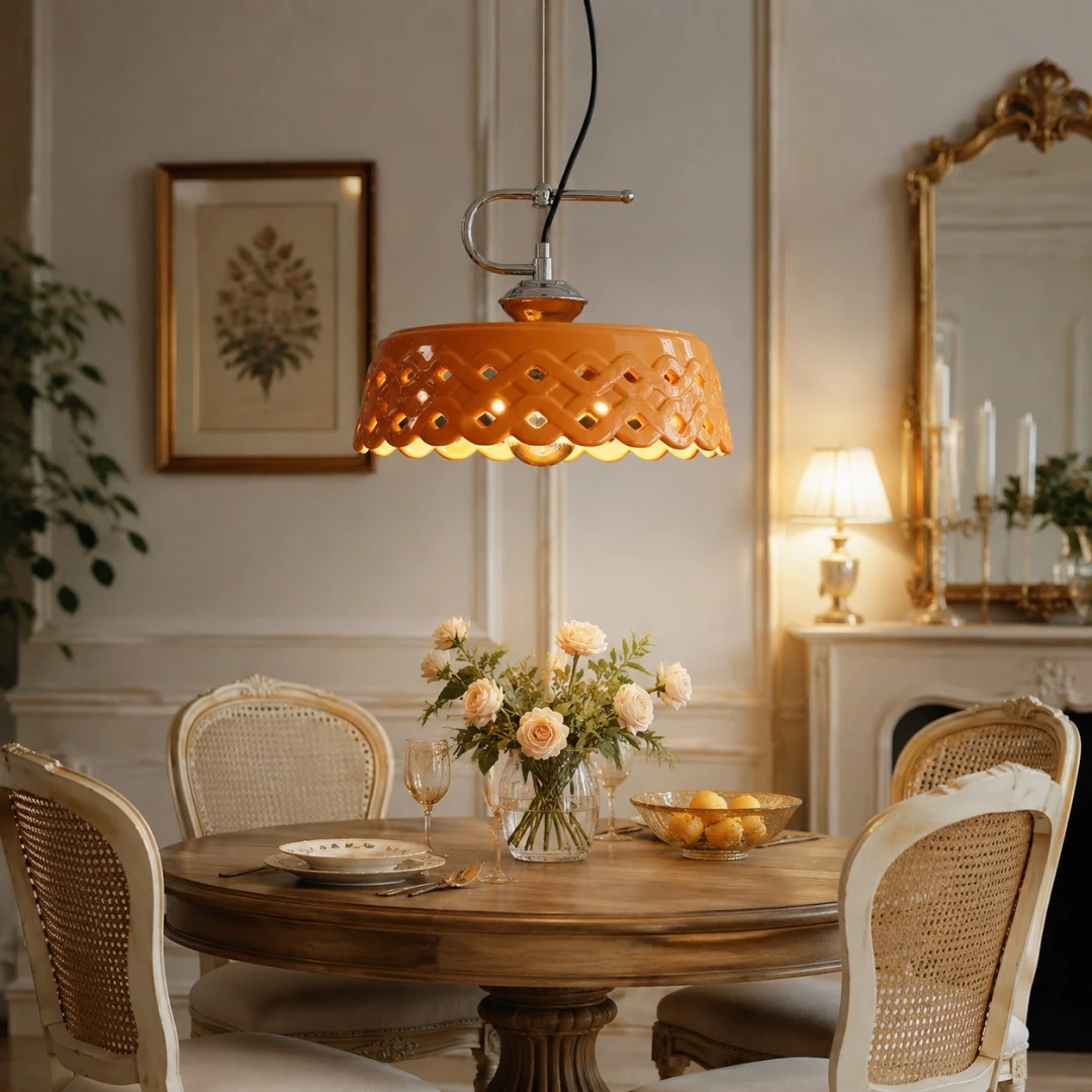 Orange metal and ceramic pendant light installed above a round dining table