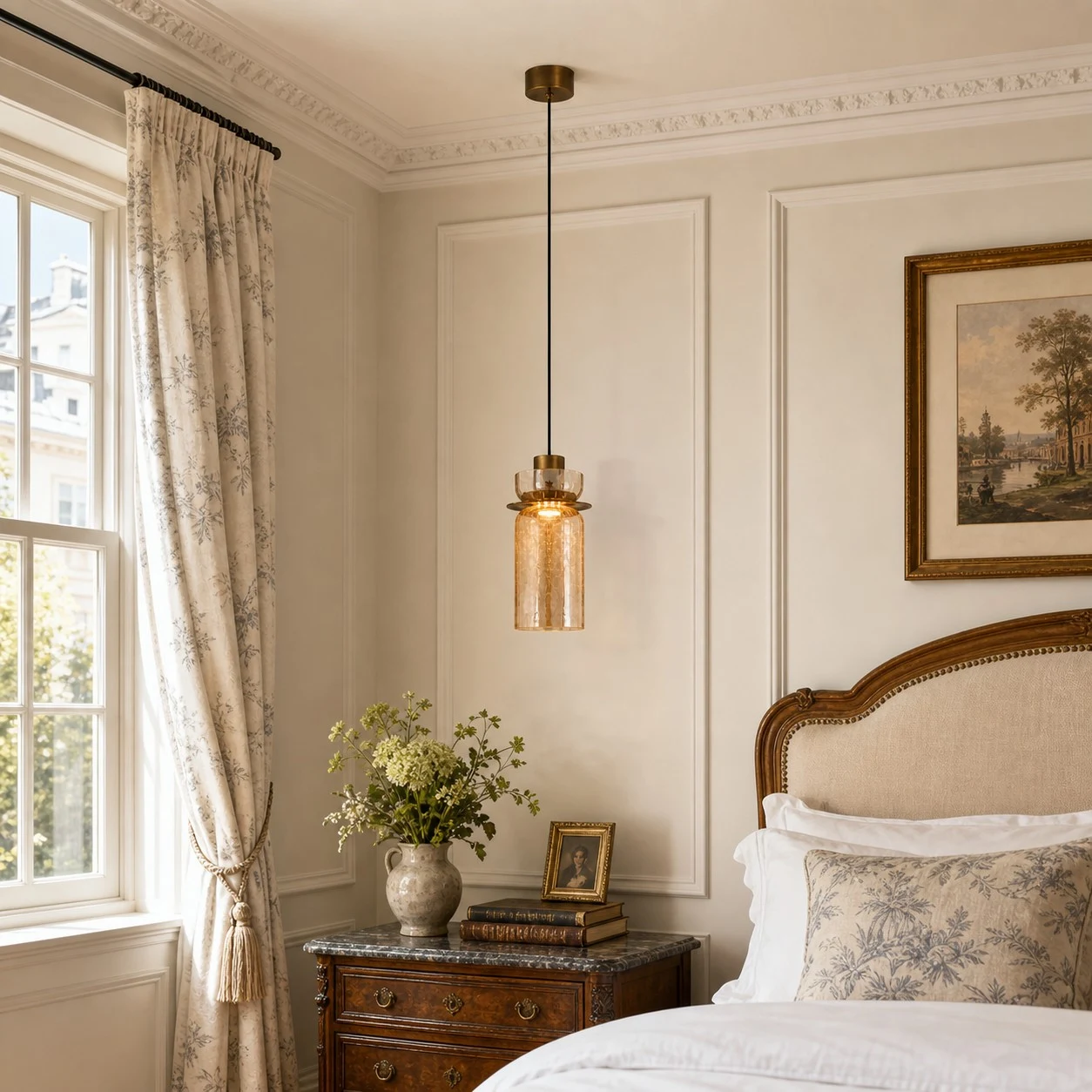 Crackle glass pendant shown in an installed room view