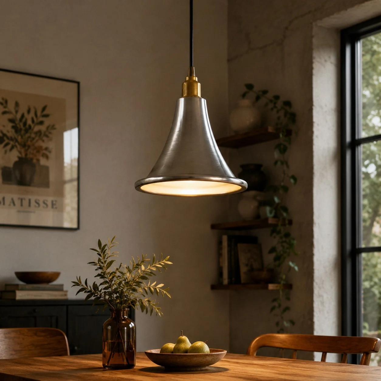 Silver pendant light above dining table